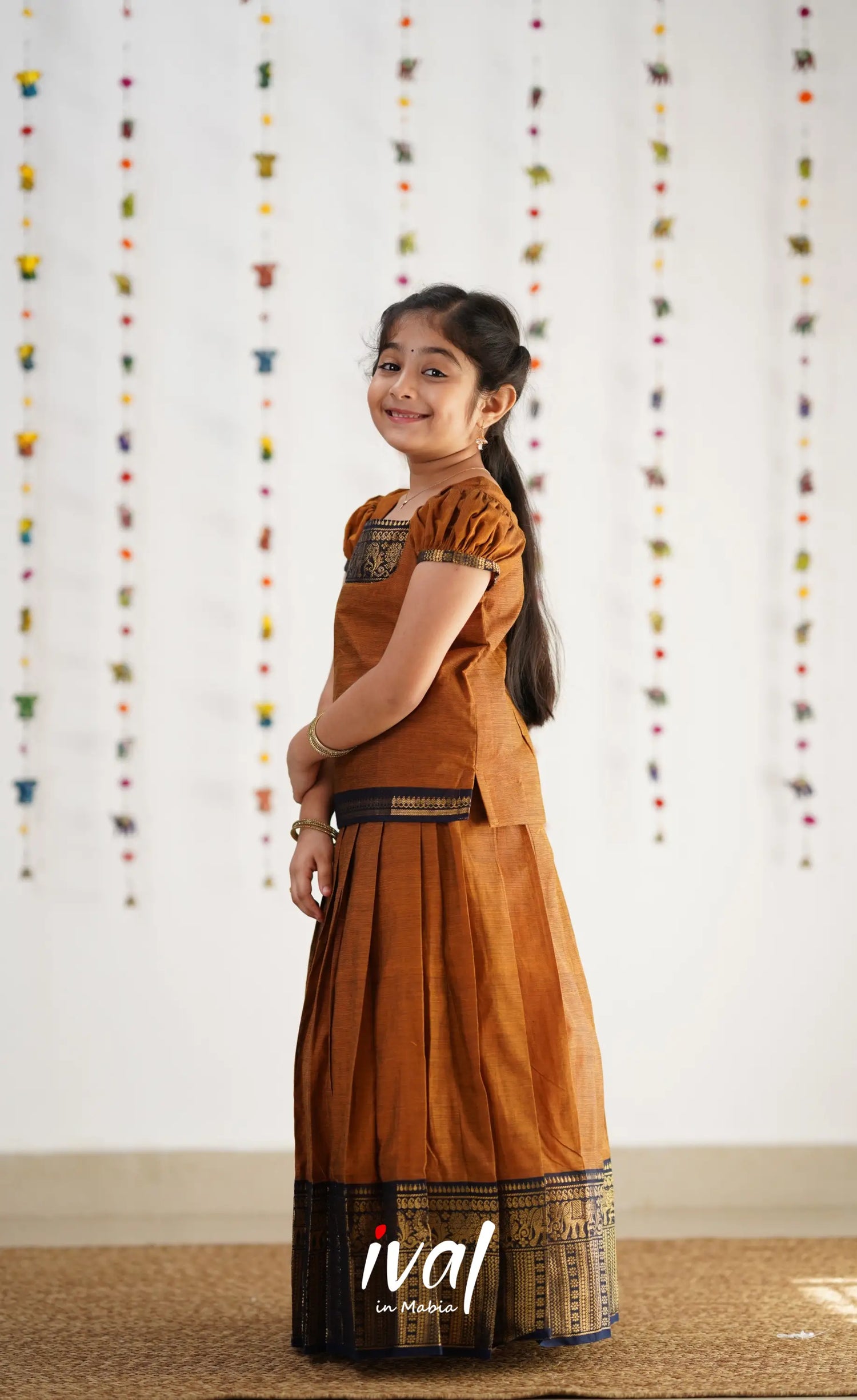 Cotton Pavadai Sattai - Light Brown &amp; Navy Blue Kids-Suttis