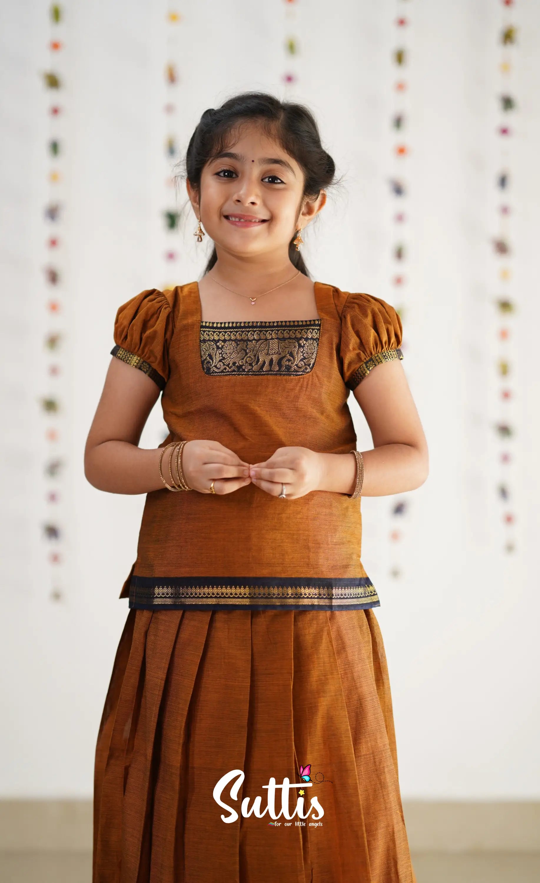 Cotton Pavadai Sattai - Light Brown &amp; Navy Blue Kids-Suttis