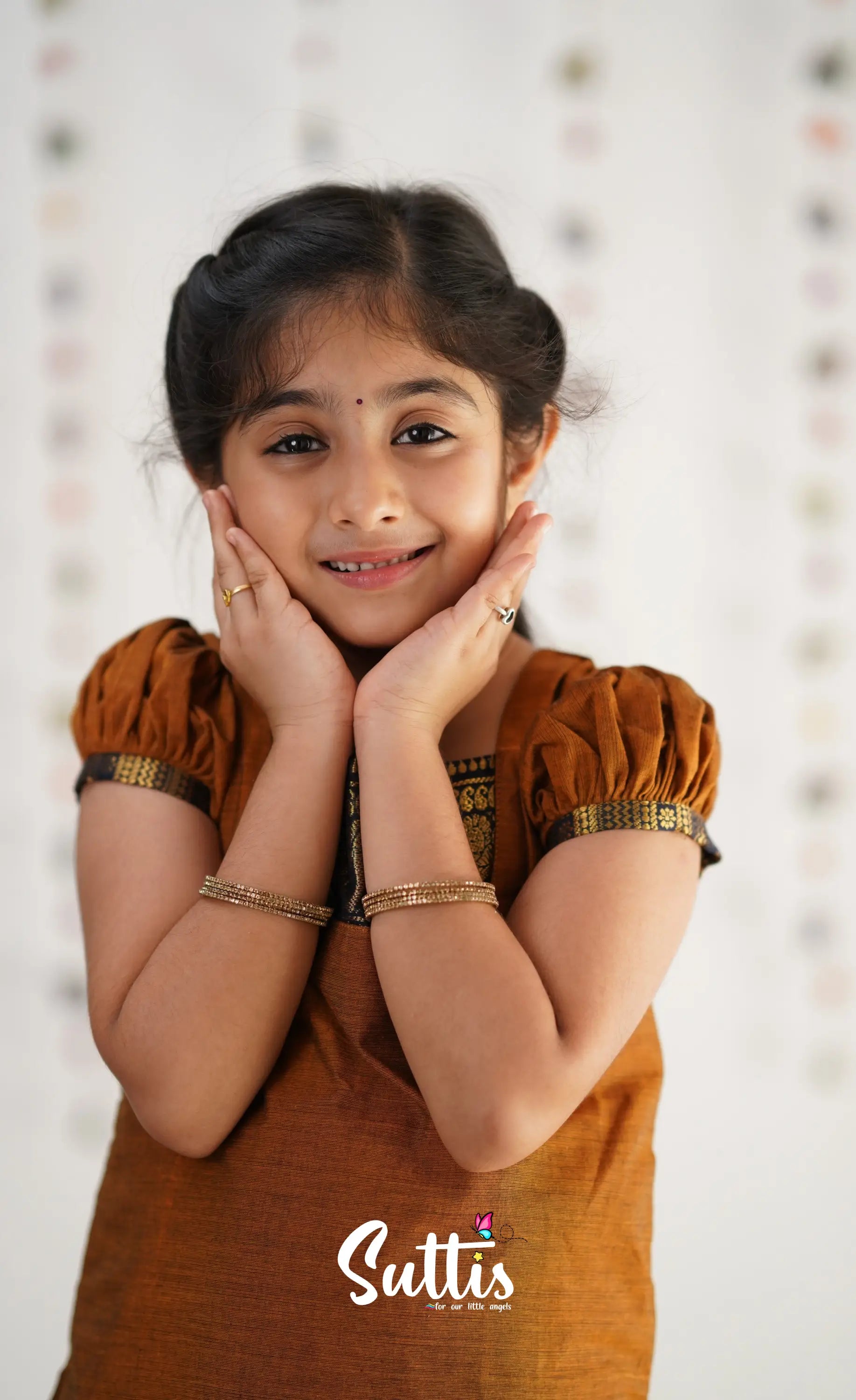 Cotton Pavadai Sattai - Light Brown &amp; Navy Blue Kids-Suttis