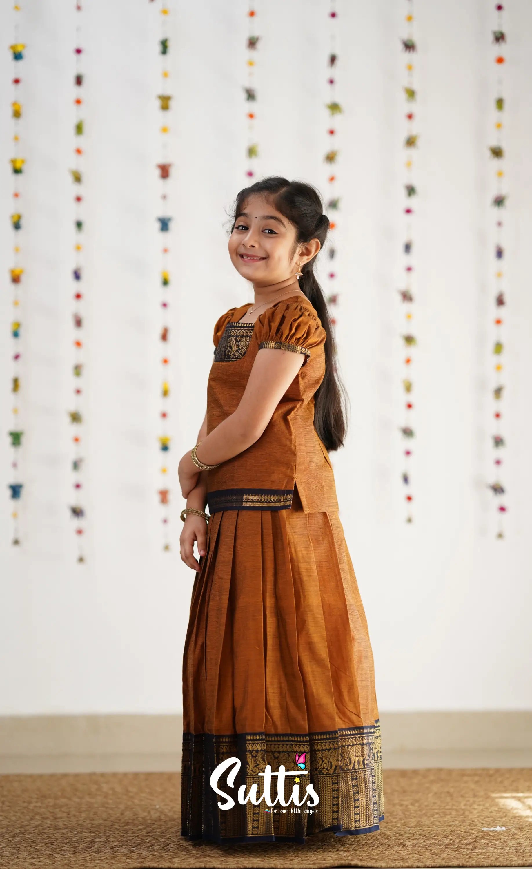 Cotton Pavadai Sattai - Light Brown &amp; Navy Blue Kids-Suttis