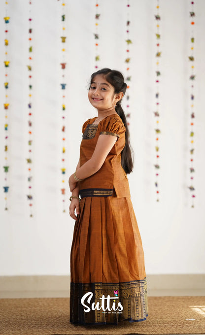 Cotton Pavadai Sattai - Light Brown &amp; Navy Blue Kids-Suttis