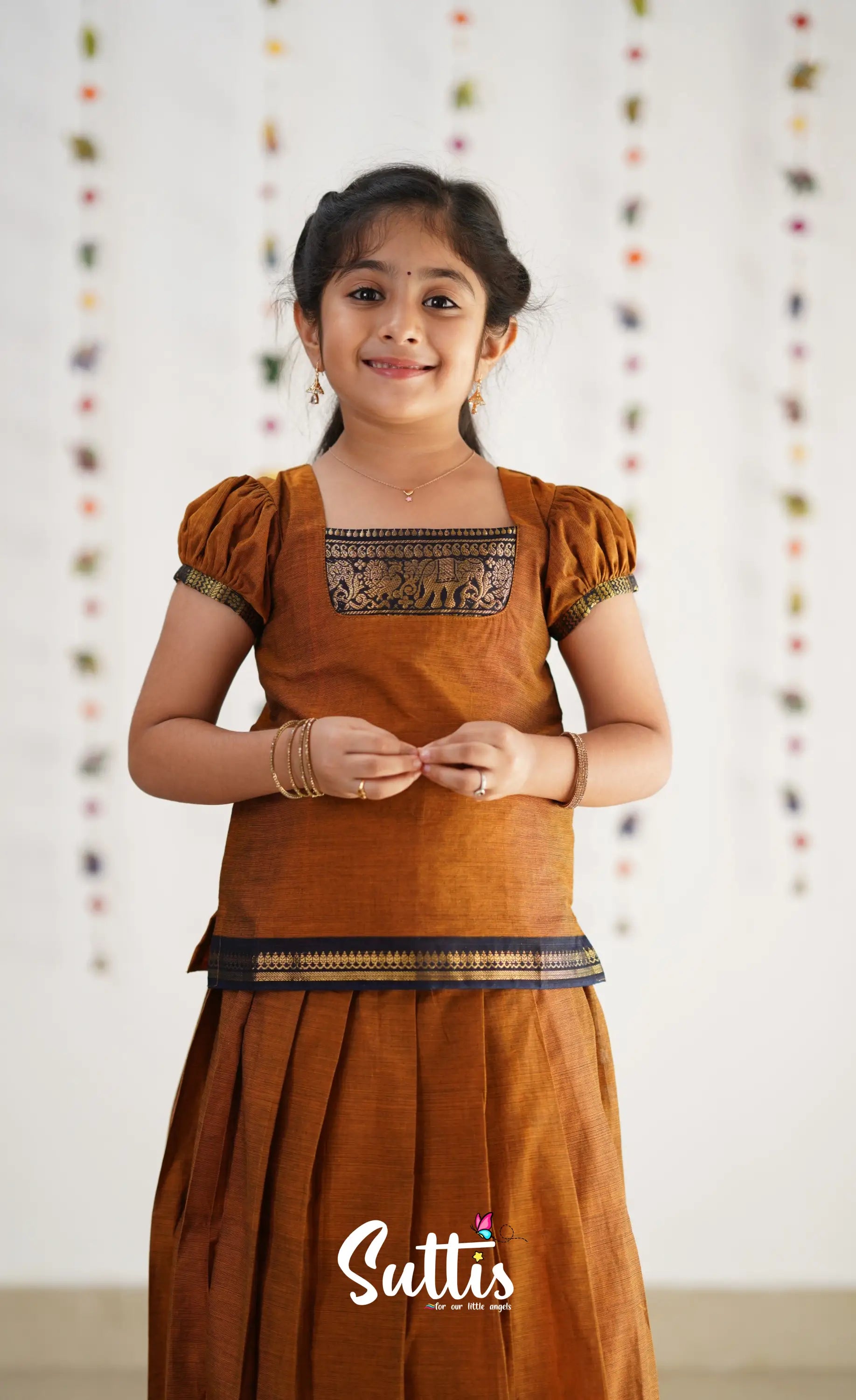 Cotton Pavadai Sattai - Light Brown &amp; Navy Blue Kids-Suttis