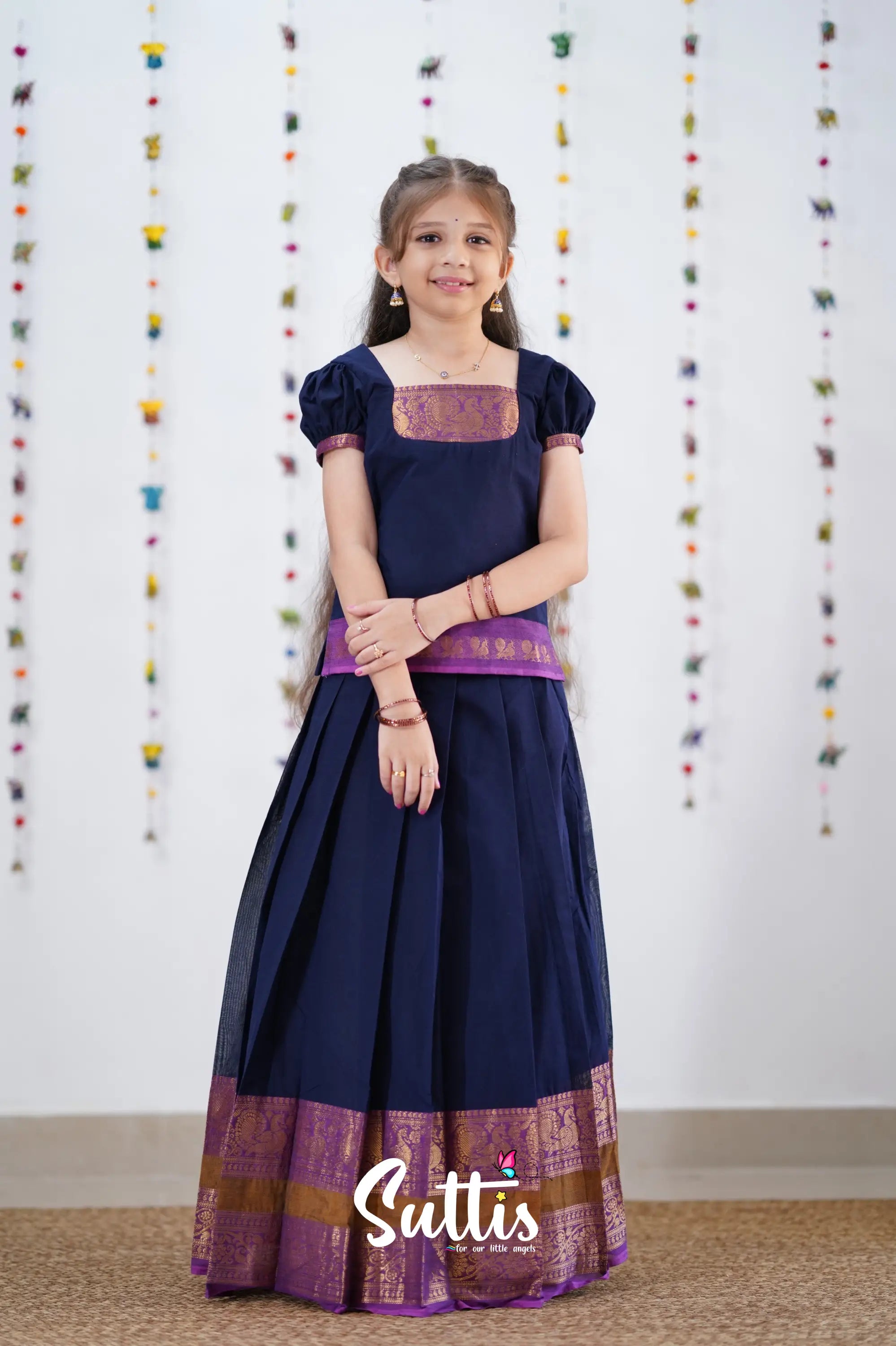 Cotton Pavadai Sattai - Navy Blue &amp; Purple Kids-Suttis