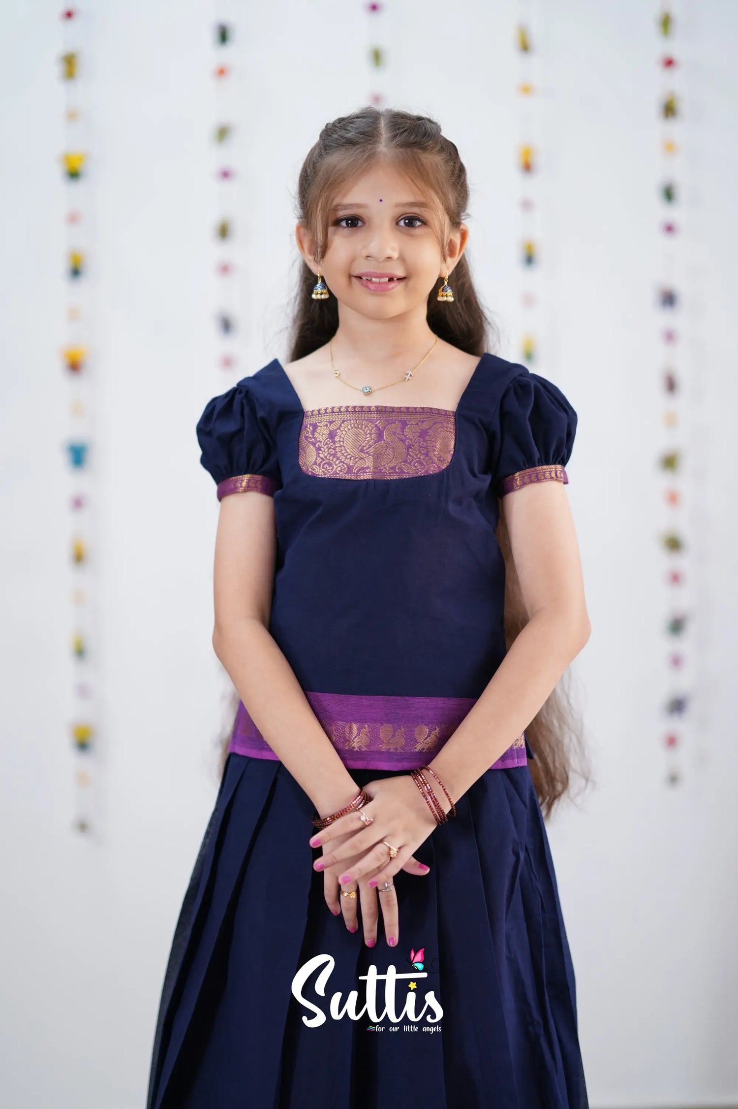 Cotton Pavadai Sattai - Navy Blue &amp; Purple Kids-Suttis