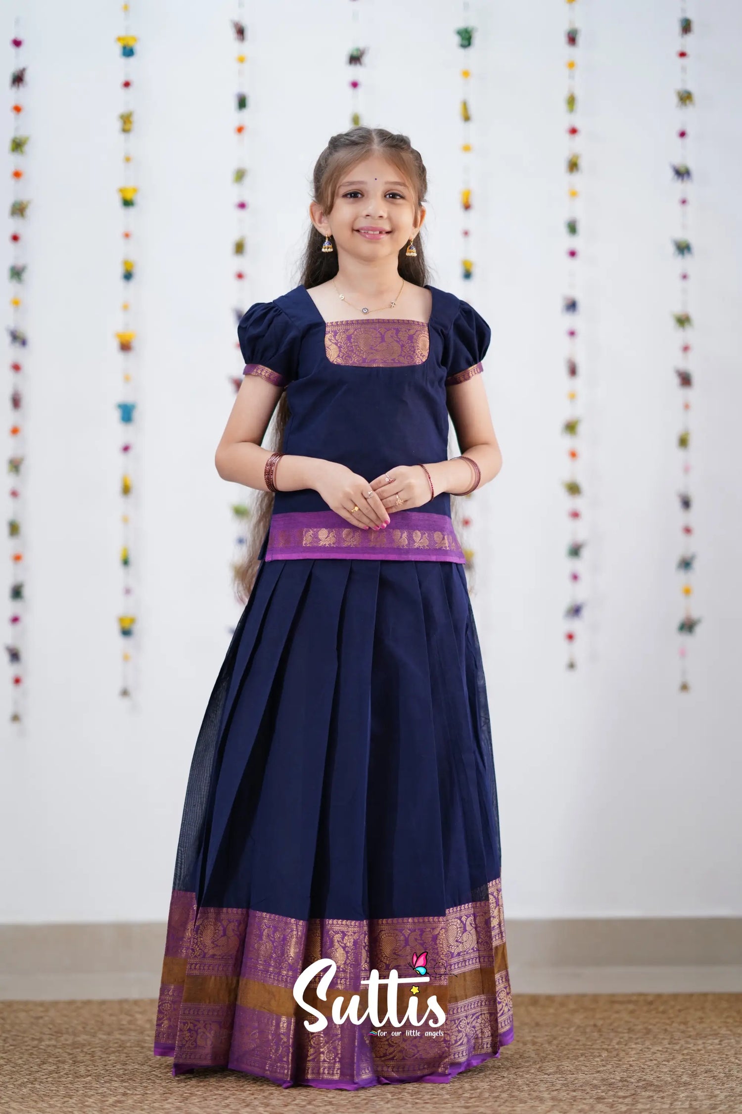 Cotton Pavadai Sattai - Navy Blue &amp; Purple Kids-Suttis