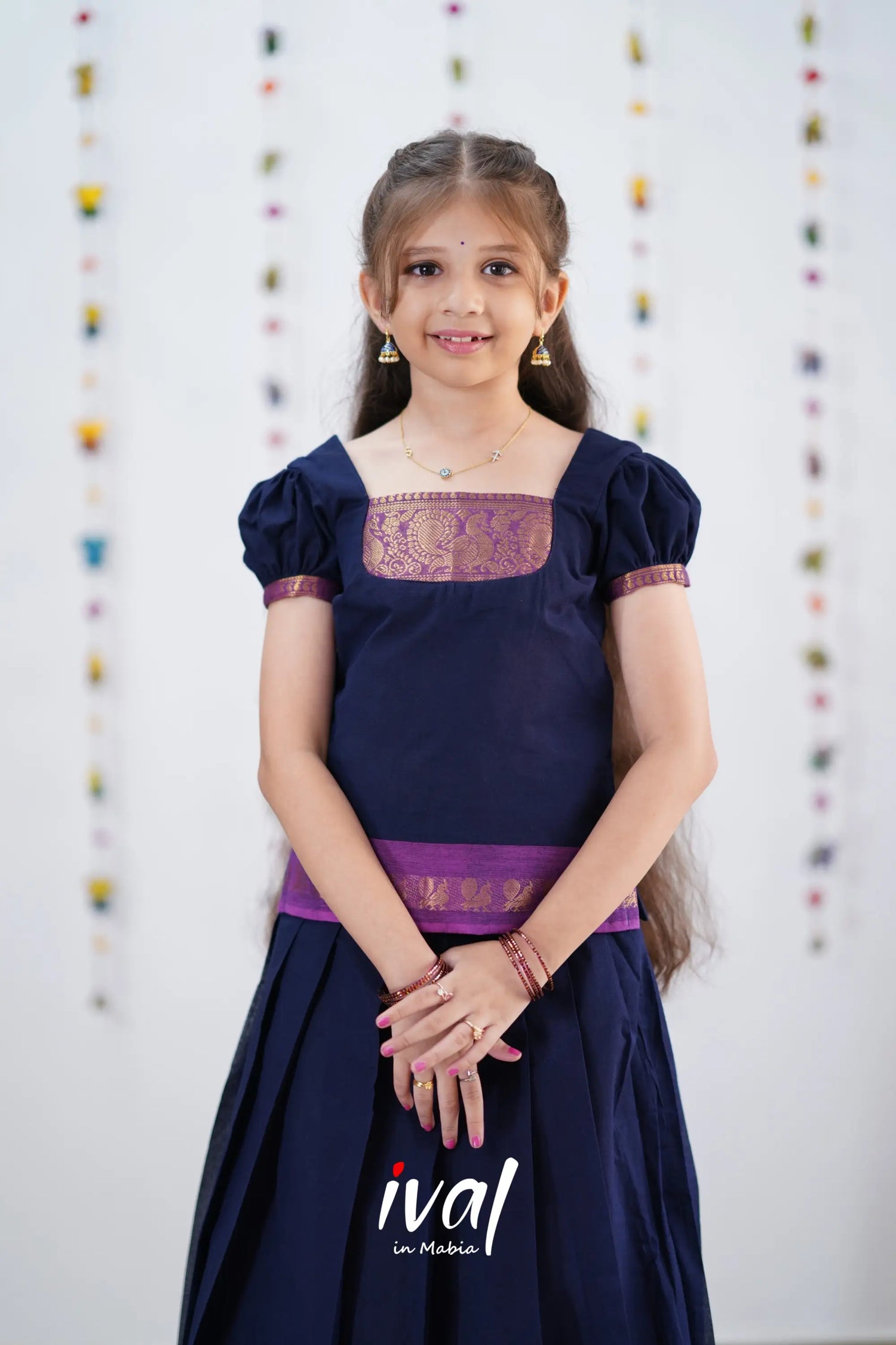 Cotton Pavadai Sattai - Navy Blue &amp; Purple Kids-Suttis