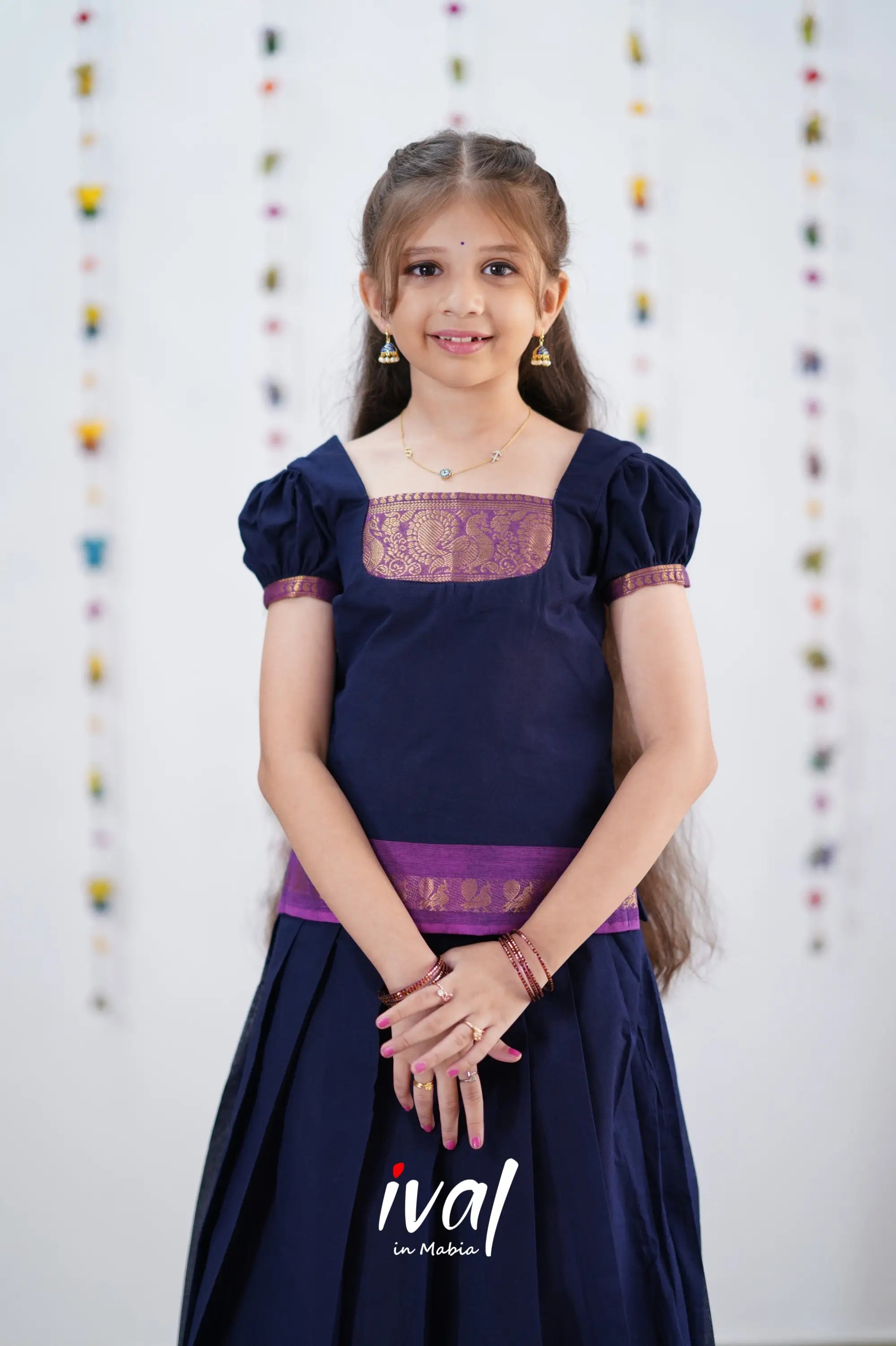 Cotton Pavadai Sattai - Navy Blue &amp; Purple Kids-Suttis