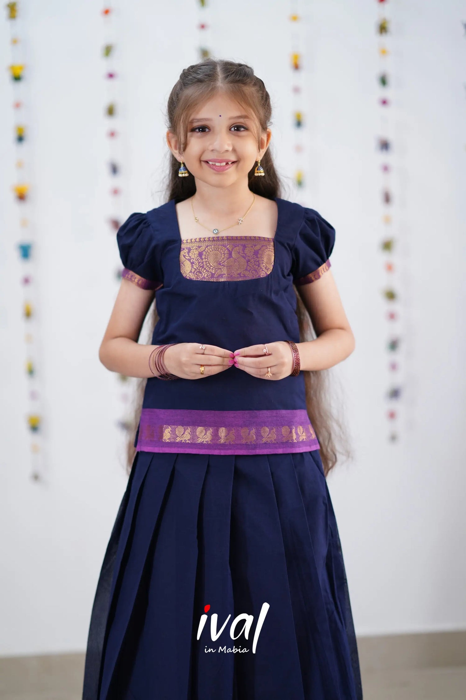 Cotton Pavadai Sattai - Navy Blue &amp; Purple Kids-Suttis