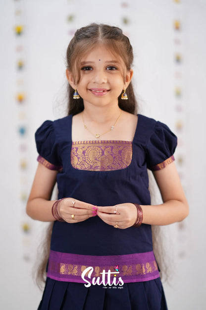 Cotton Pavadai Sattai - Navy Blue &amp; Purple Kids-Suttis