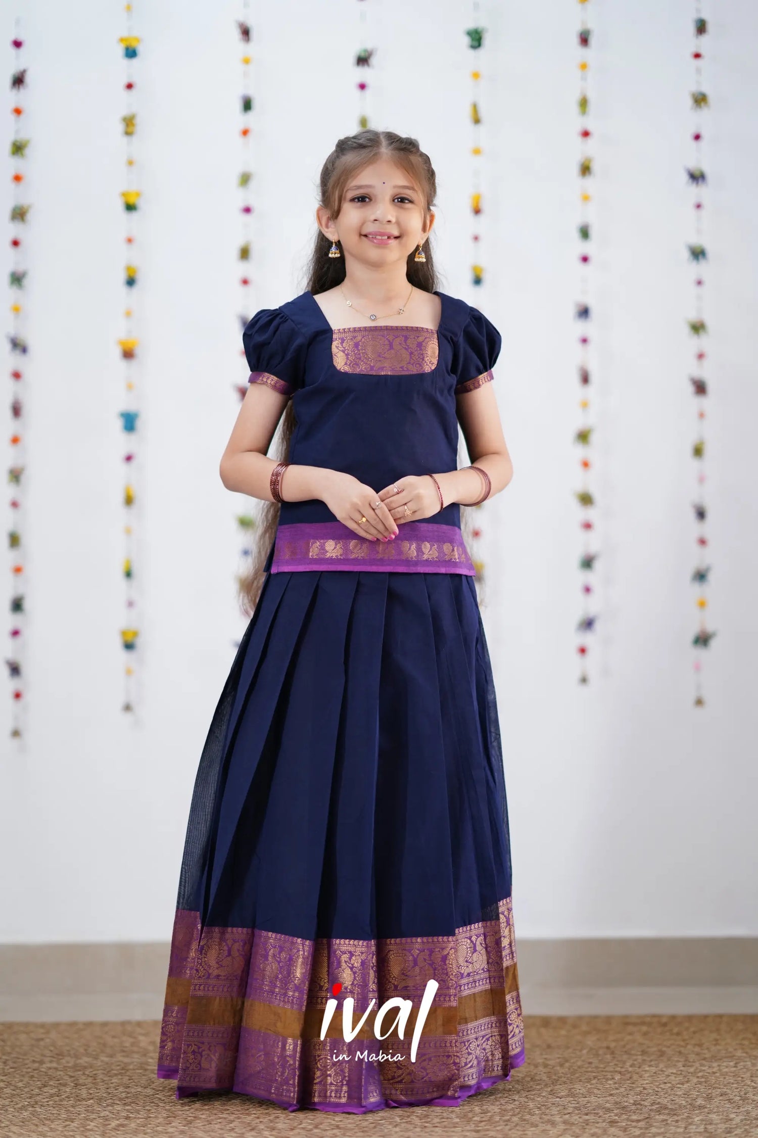 Cotton Pavadai Sattai - Navy Blue &amp; Purple Kids-Suttis