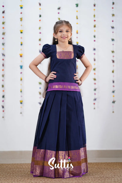 Cotton Pavadai Sattai - Navy Blue &amp; Purple Kids-Suttis