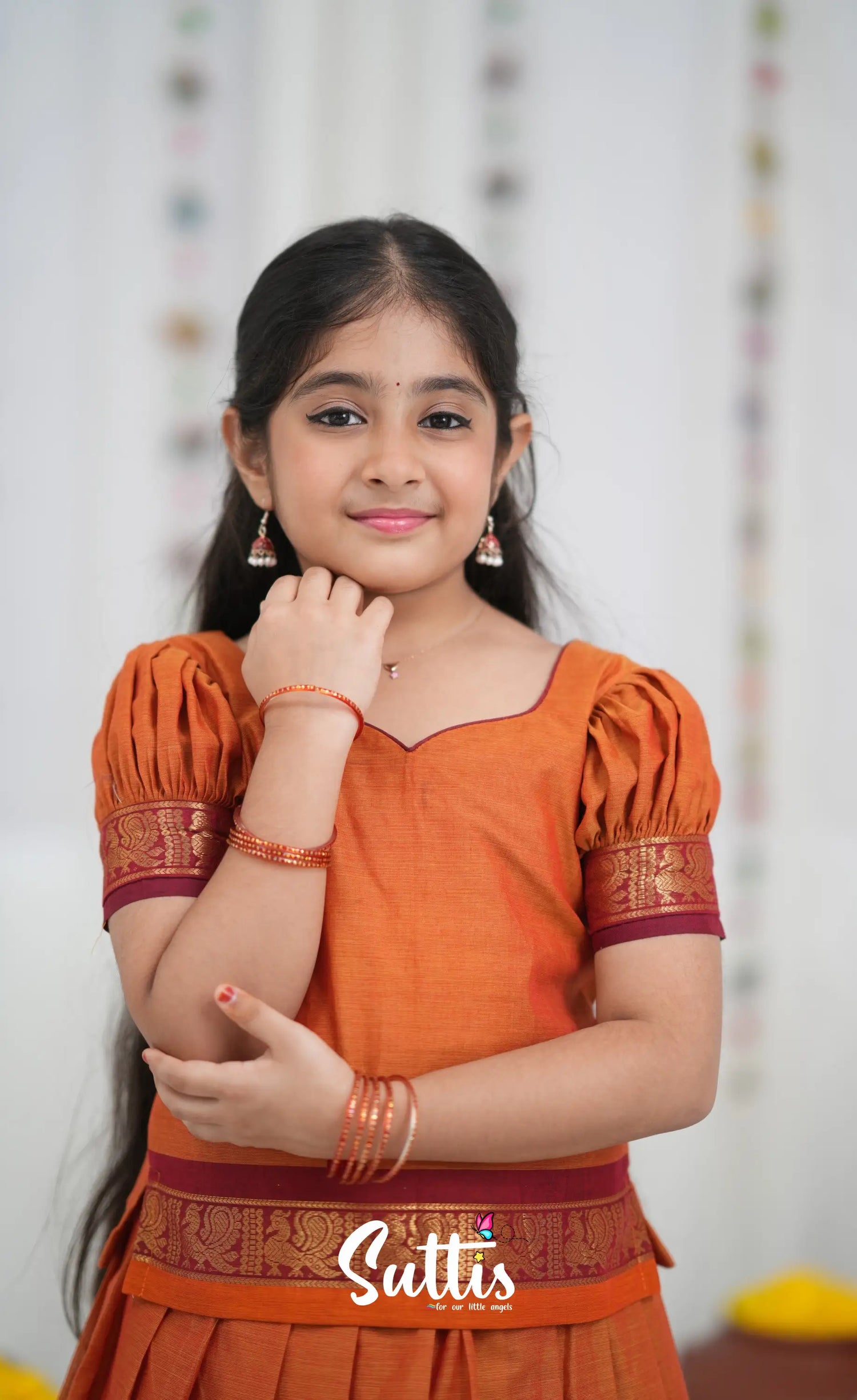 Cotton Pavadai Sattai Orange and Red Kids Suttis
