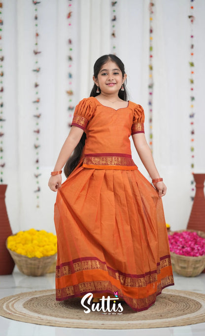 Cotton Pavadai Sattai Orange and Red Kids Suttis