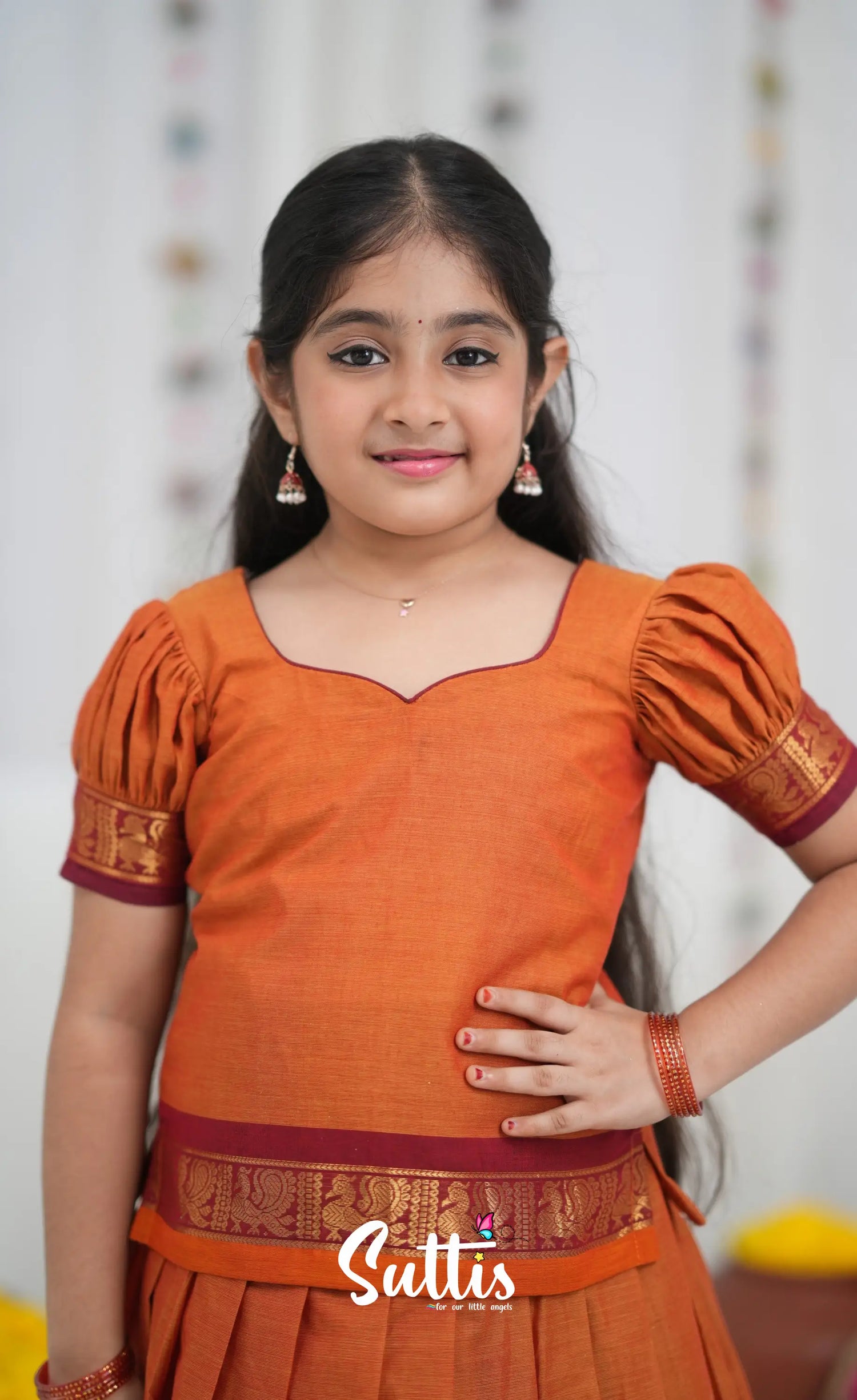 Cotton Pavadai Sattai Orange and Red Kids Suttis