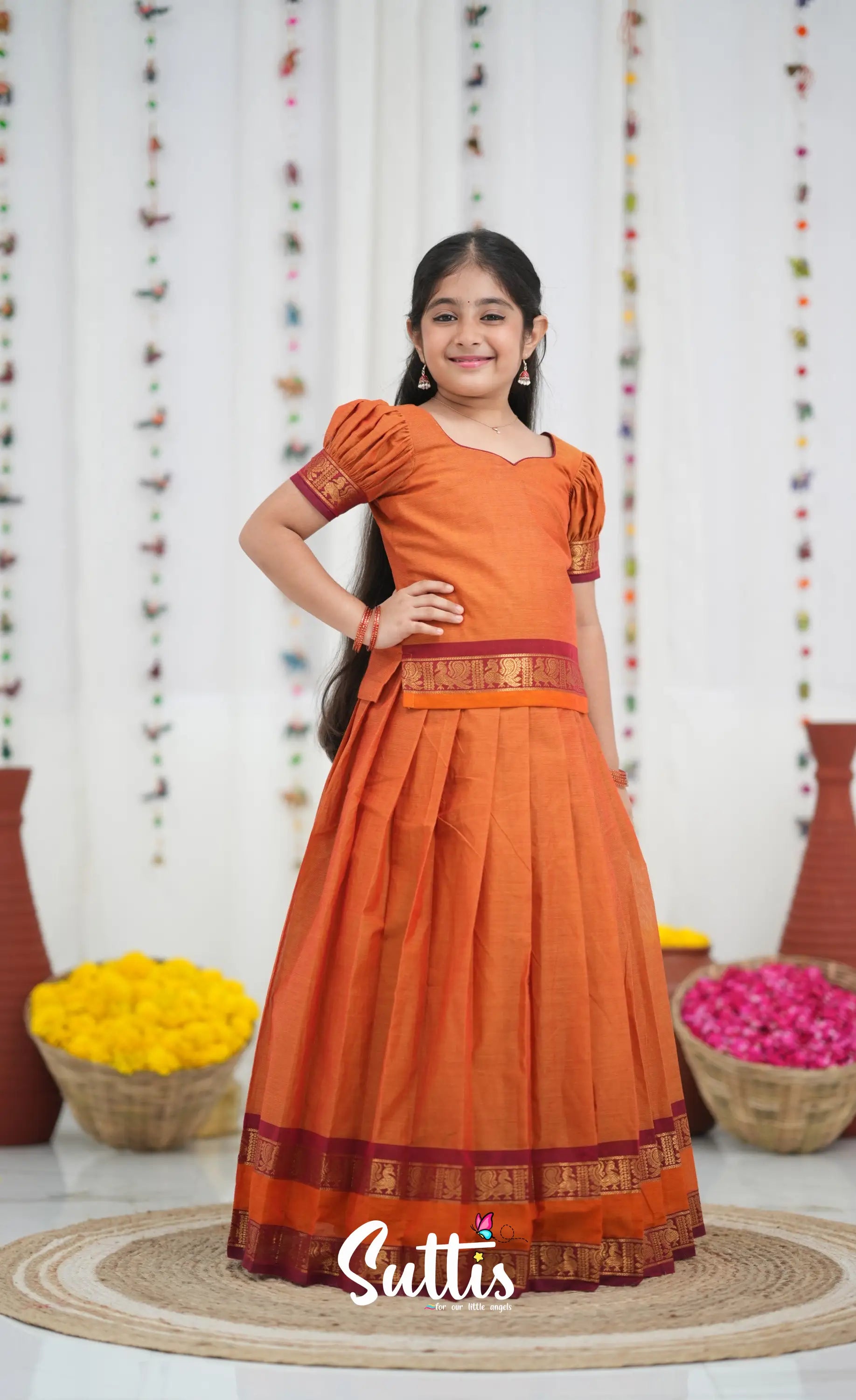 Cotton Pavadai Sattai Orange and Red Kids Suttis