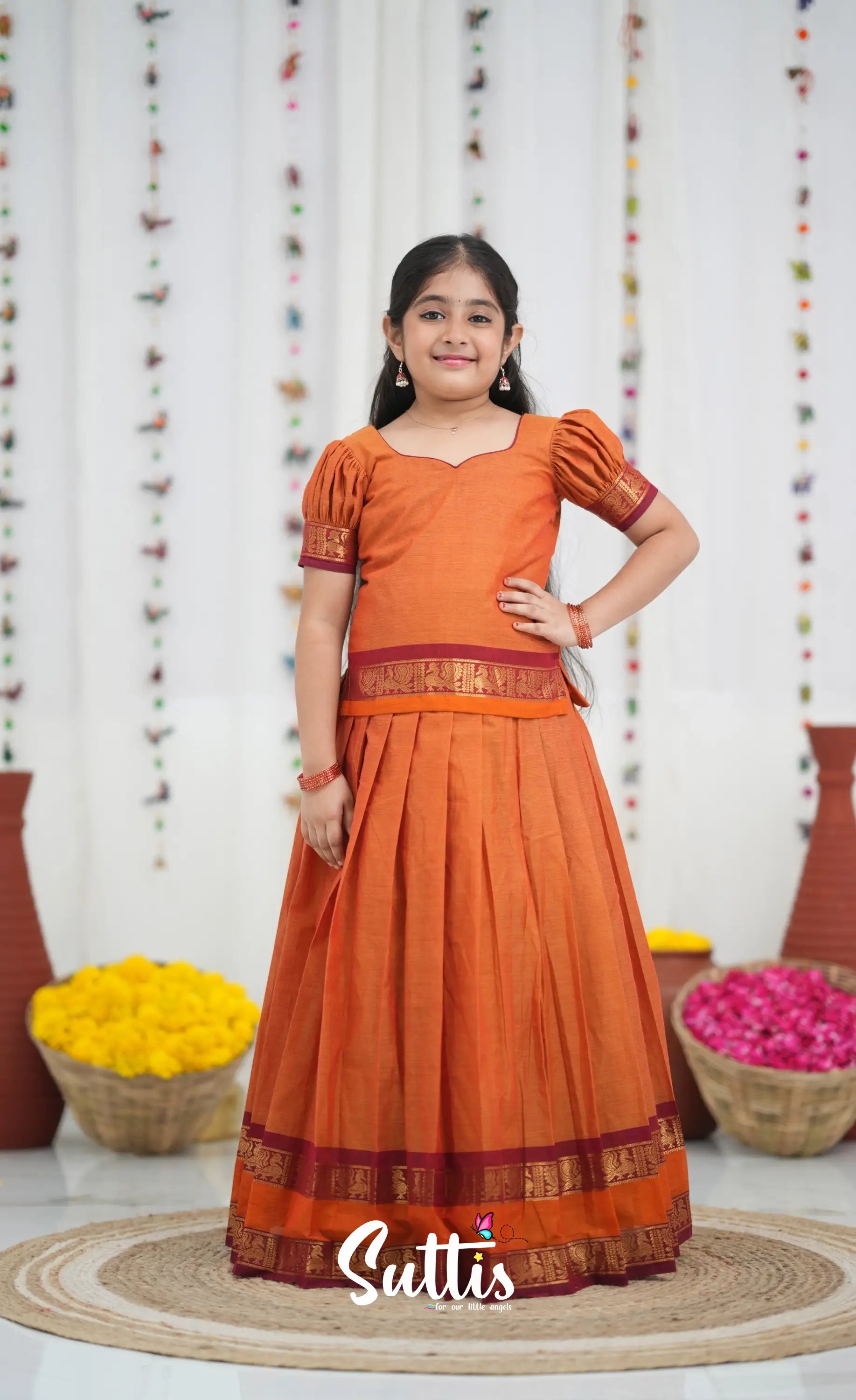 Cotton Pavadai Sattai Orange and Red Kids Suttis