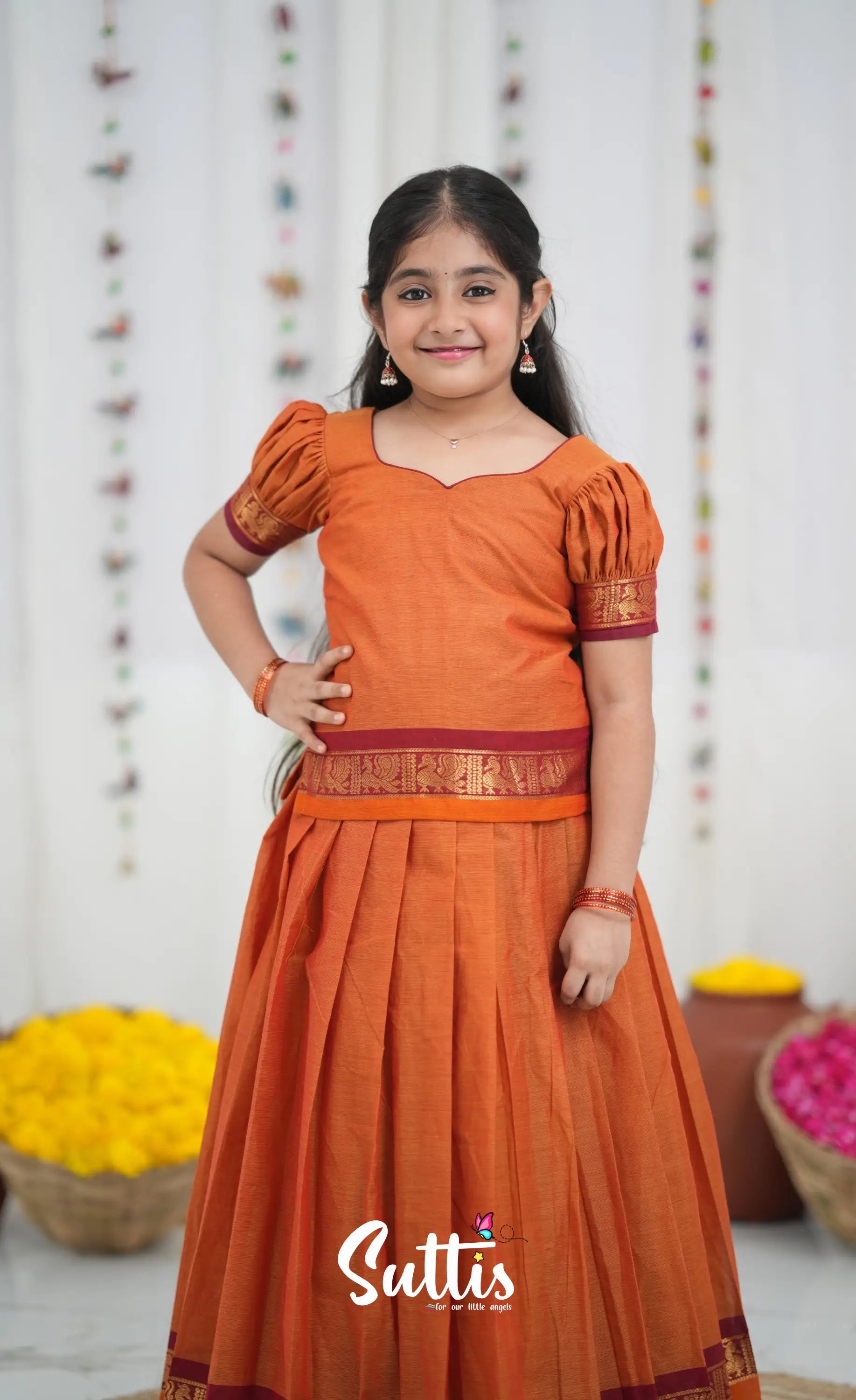 Cotton Pavadai Sattai Orange and Red Kids Suttis