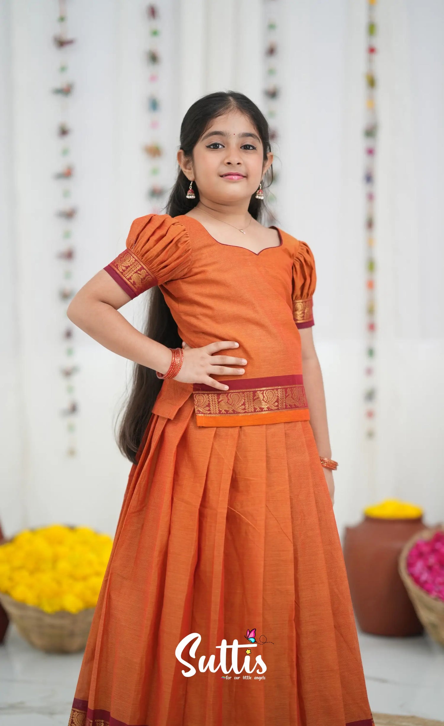Cotton Pavadai Sattai Orange and Red Kids Suttis