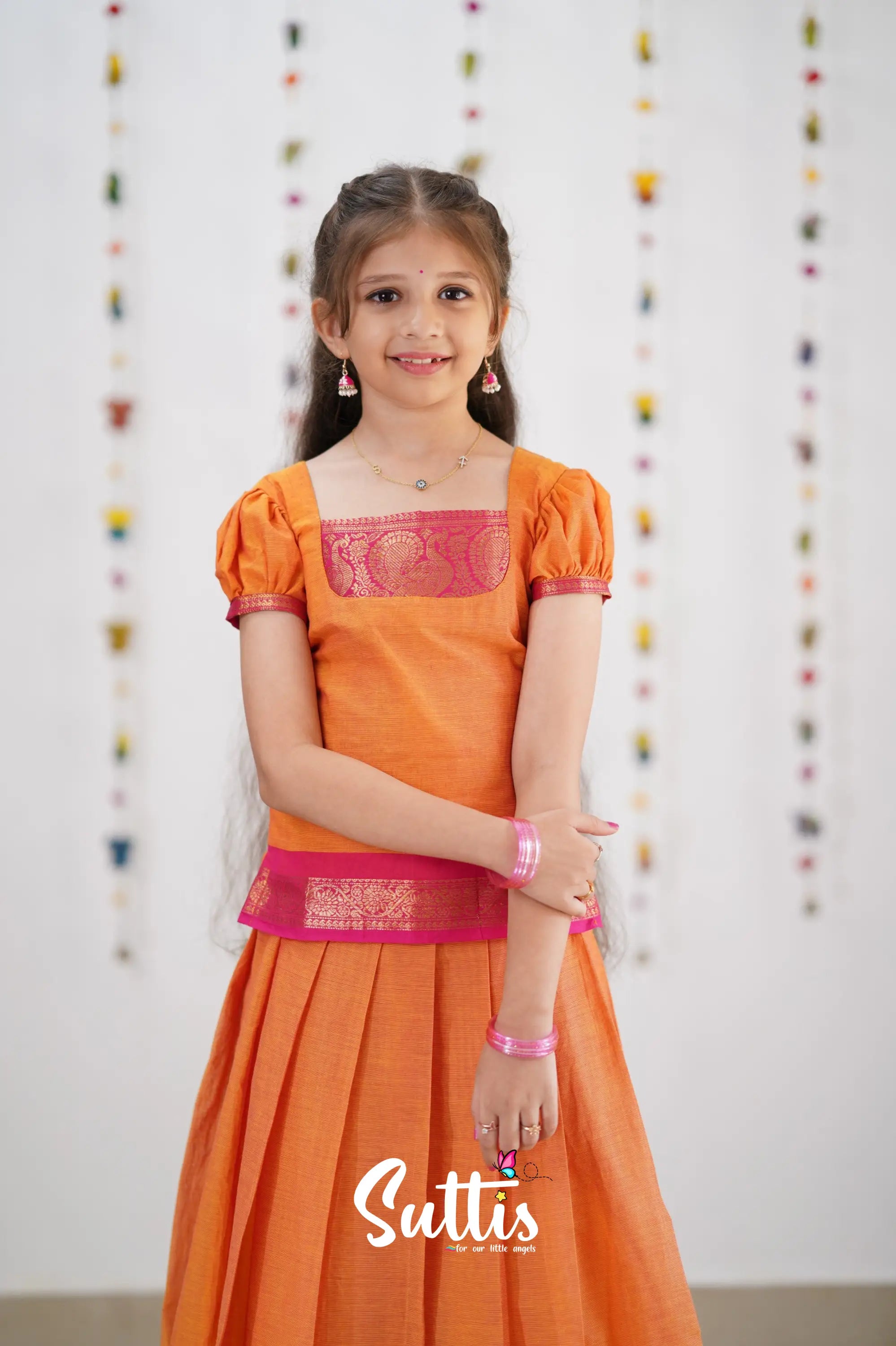 Cotton Pavadai Sattai - Orange &amp; Pink Kids-Suttis