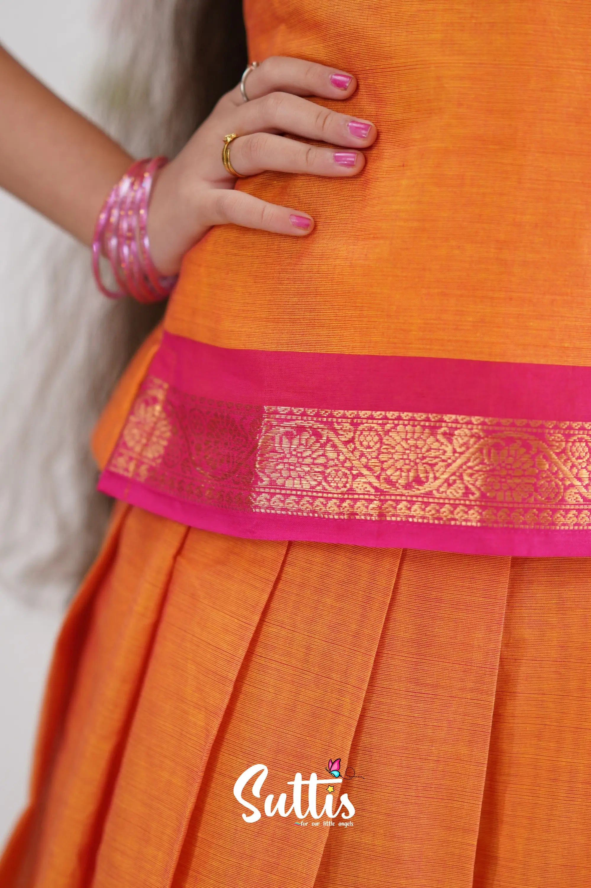 Cotton Pavadai Sattai - Orange &amp; Pink Kids-Suttis