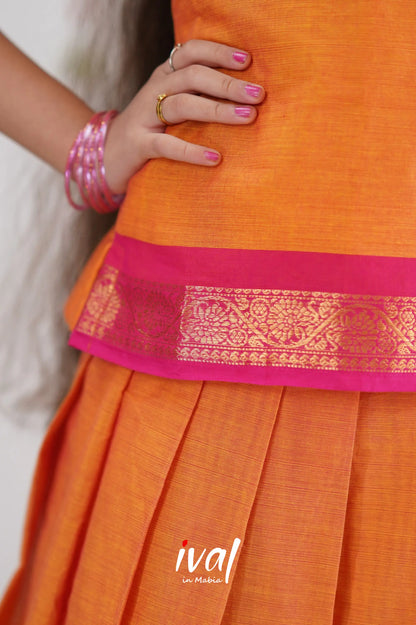 Cotton Pavadai Sattai - Orange &amp; Pink Kids-Suttis
