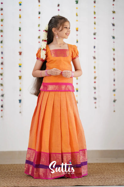 Cotton Pavadai Sattai - Orange &amp; Pink Kids-Suttis