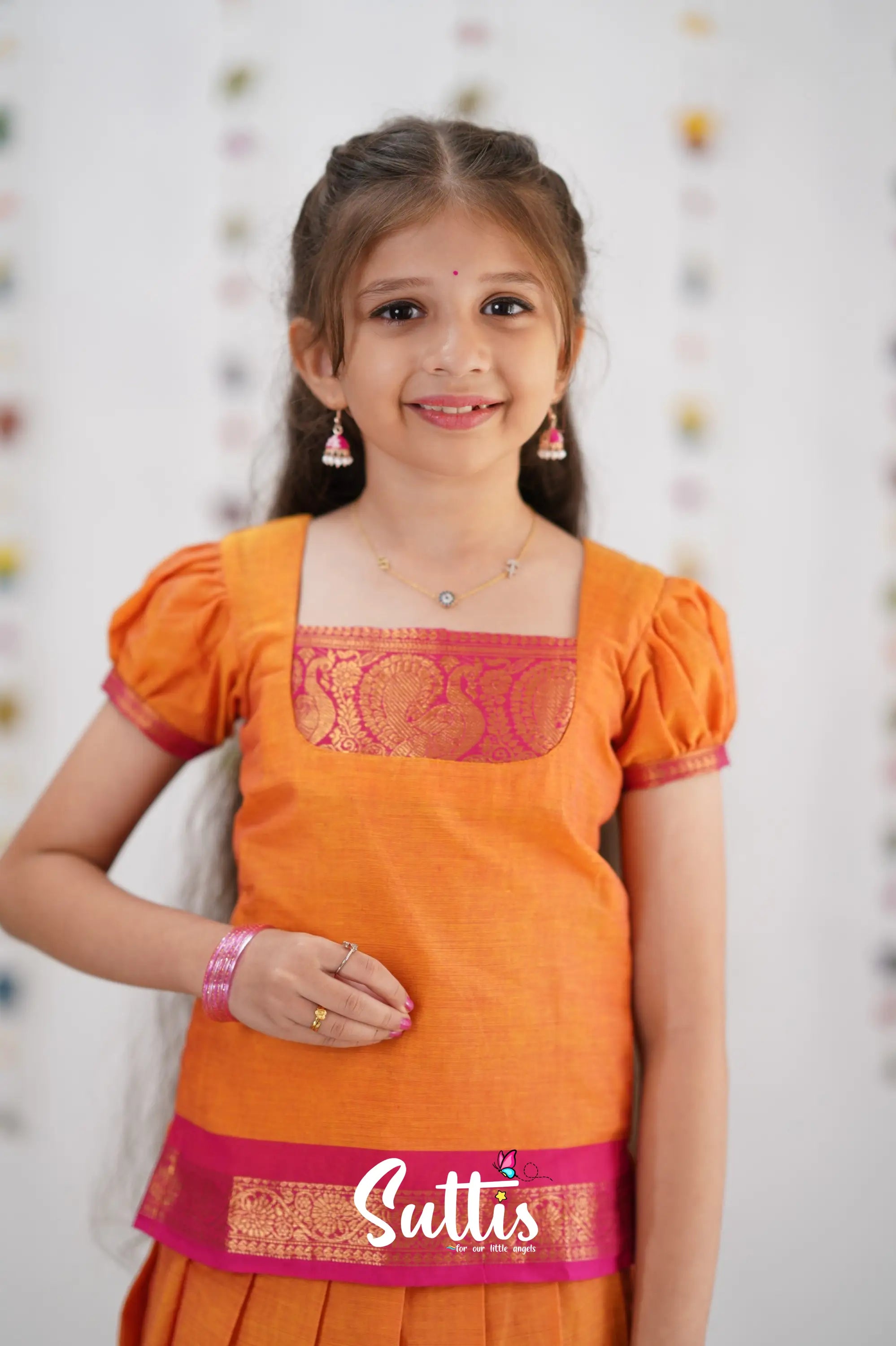 Cotton Pavadai Sattai - Orange &amp; Pink Kids-Suttis