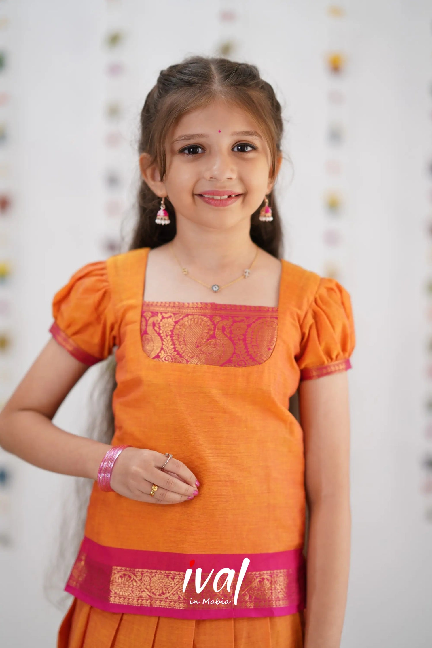 Cotton Pavadai Sattai - Orange &amp; Pink Kids-Suttis