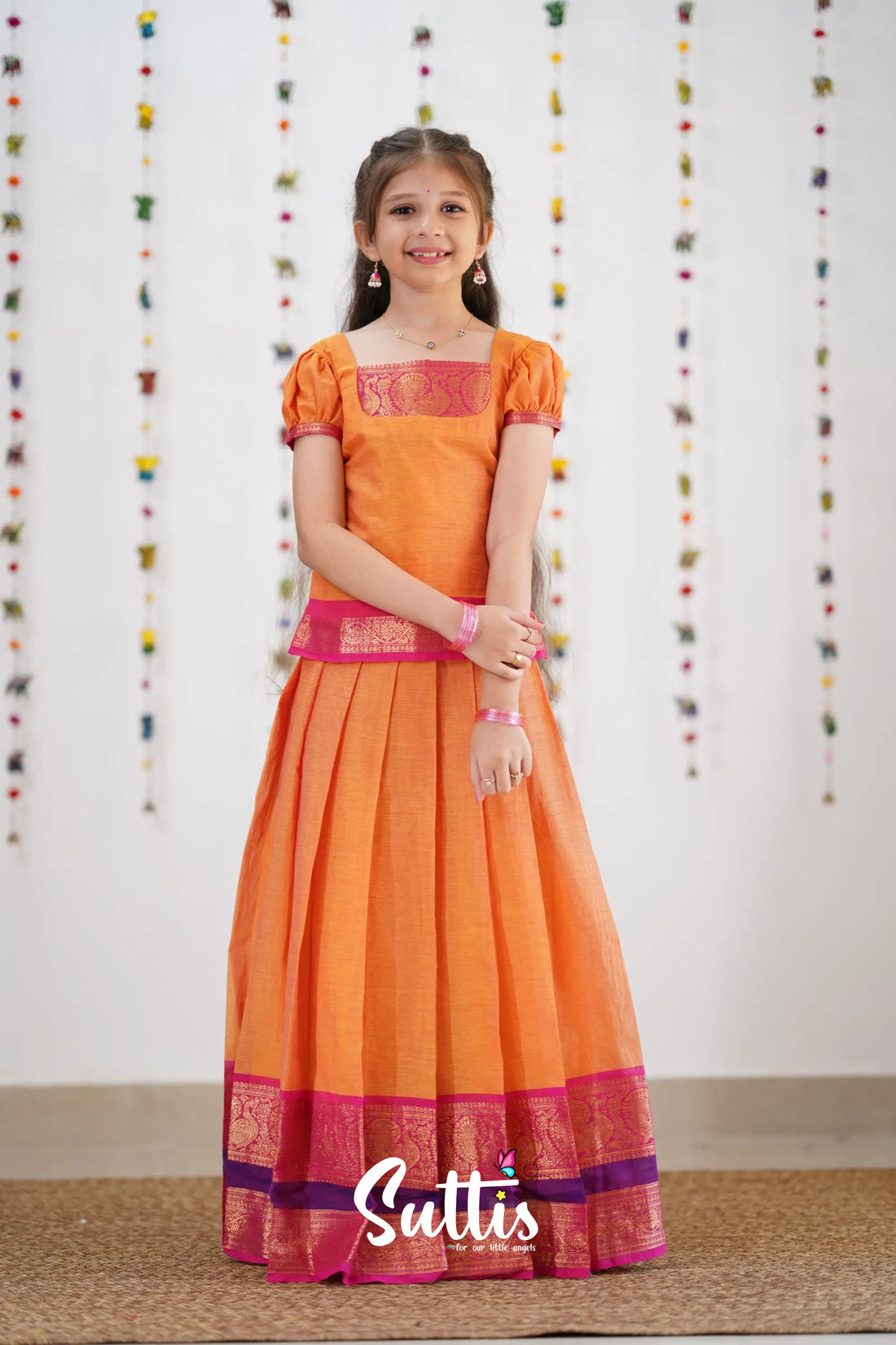 Cotton Pavadai Sattai - Orange &amp; Pink Kids-Suttis