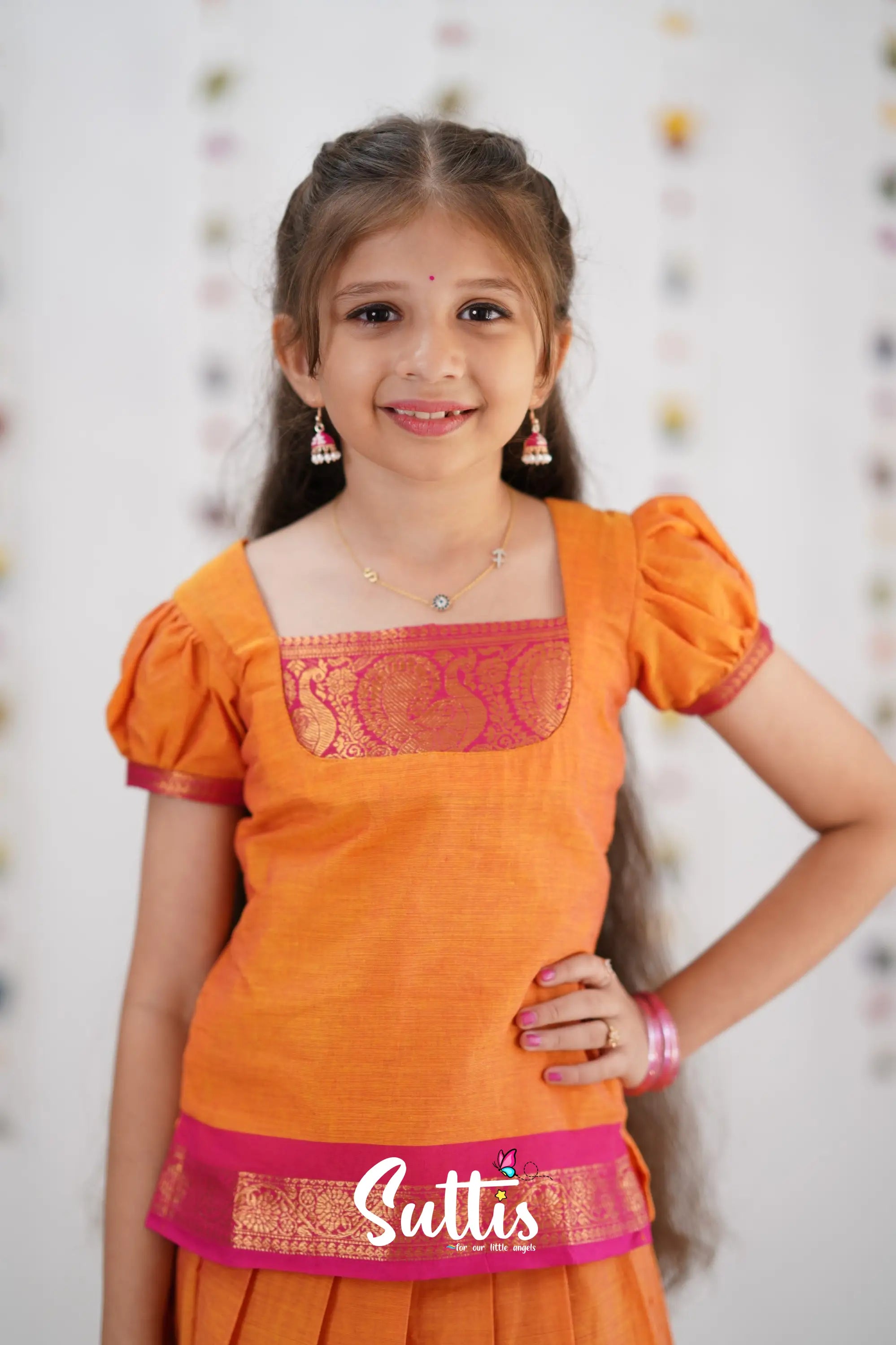 Cotton Pavadai Sattai - Orange &amp; Pink Kids-Suttis