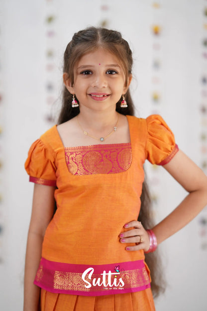 Cotton Pavadai Sattai - Orange &amp; Pink Kids-Suttis