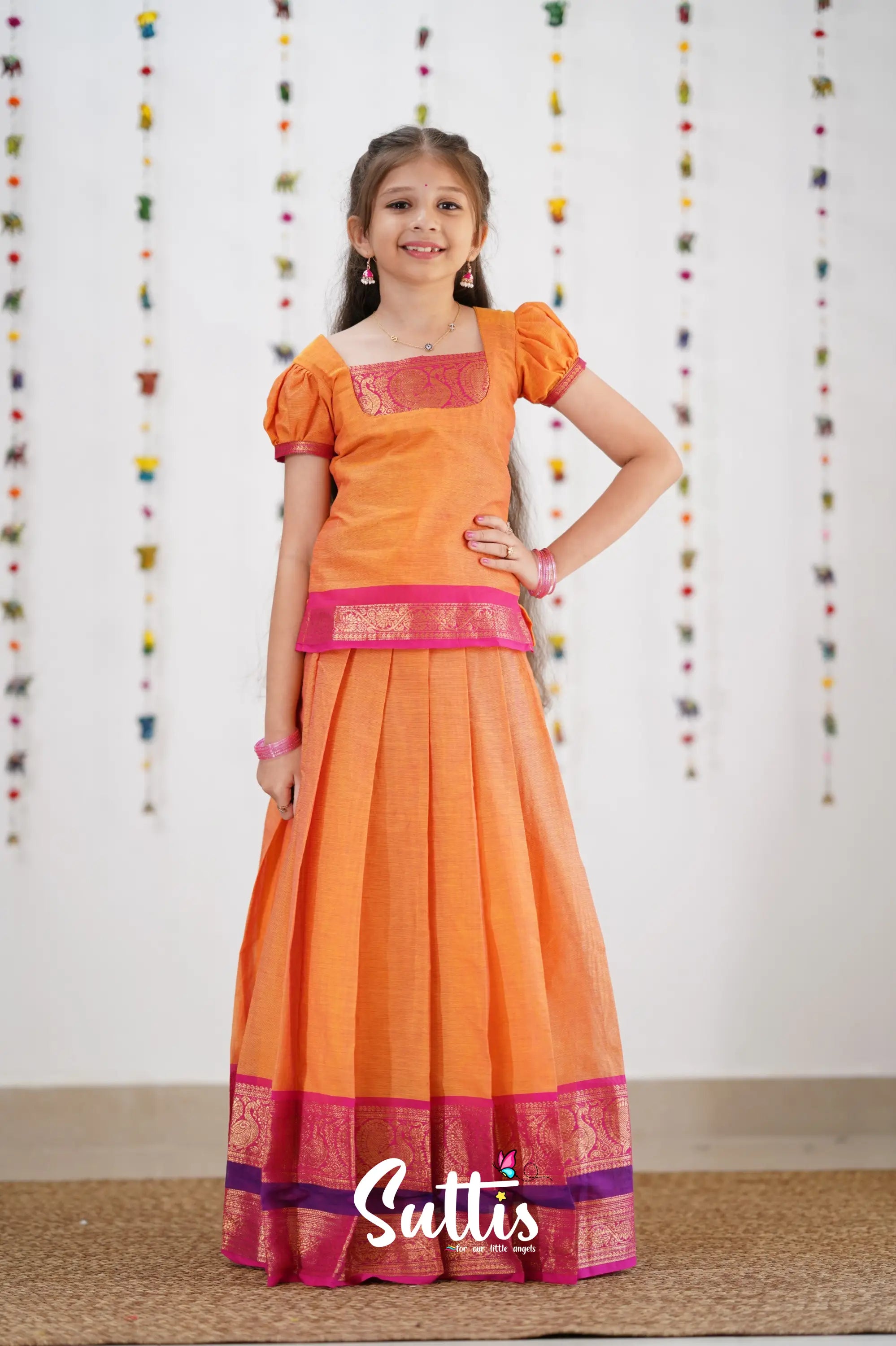 Cotton Pavadai Sattai - Orange &amp; Pink Kids-Suttis