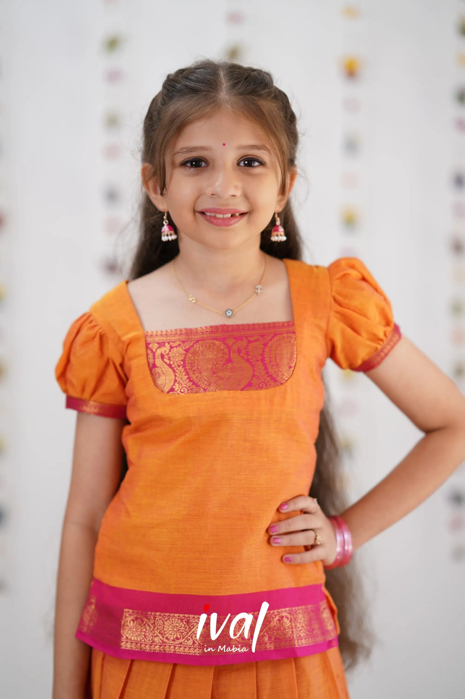 Cotton Pavadai Sattai - Orange &amp; Pink Kids-Suttis