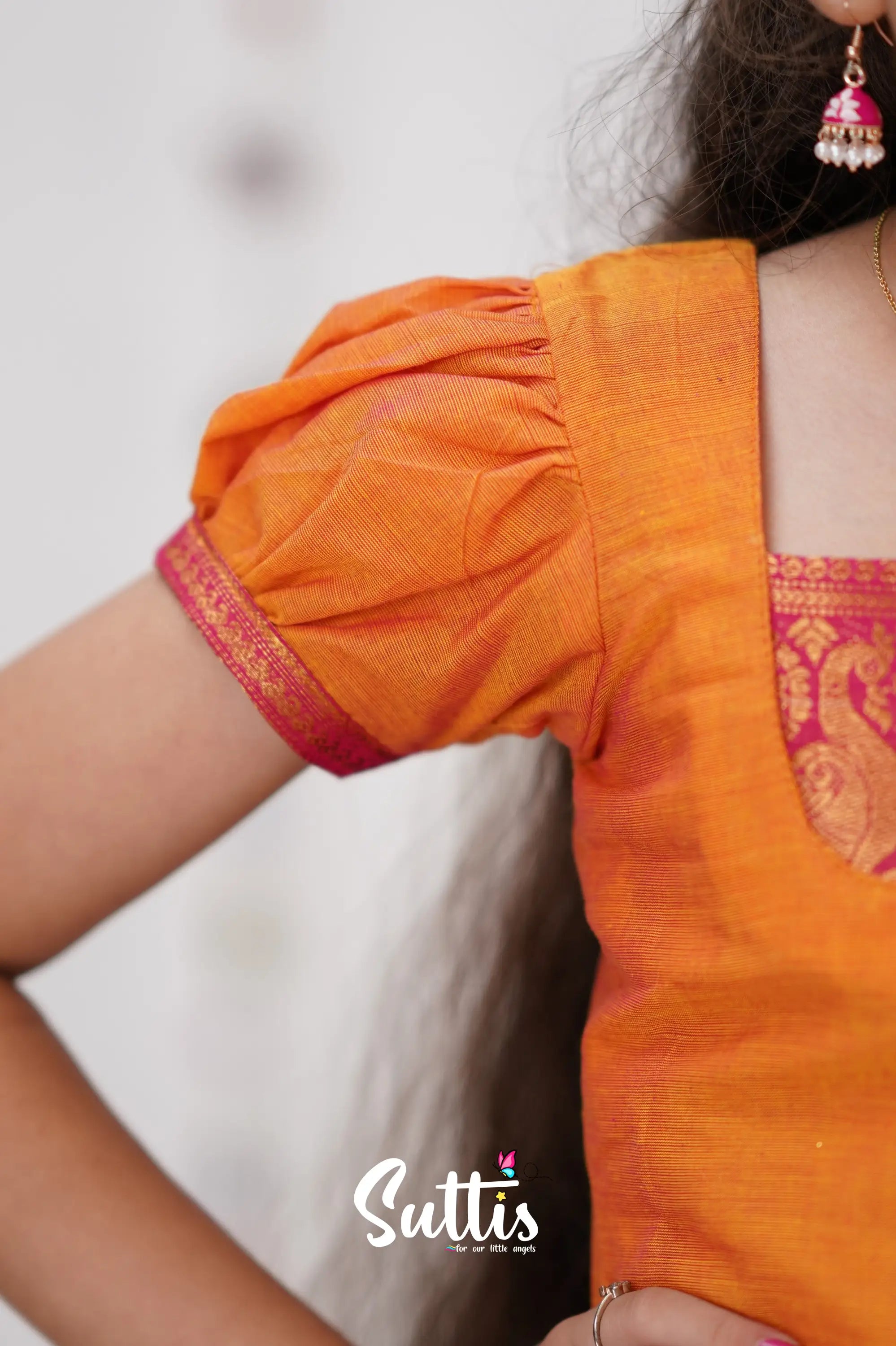 Cotton Pavadai Sattai - Orange &amp; Pink Kids-Suttis