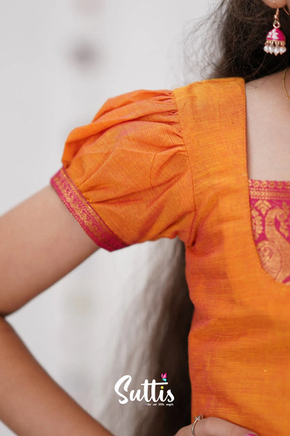 Cotton Pavadai Sattai - Orange &amp; Pink Kids-Suttis