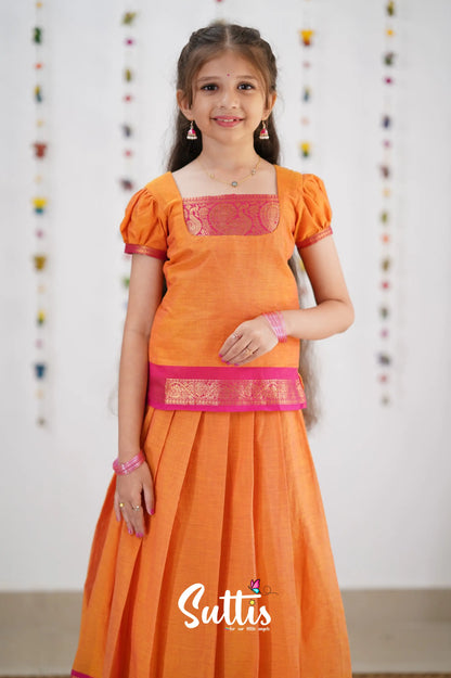 Cotton Pavadai Sattai - Orange &amp; Pink Kids-Suttis