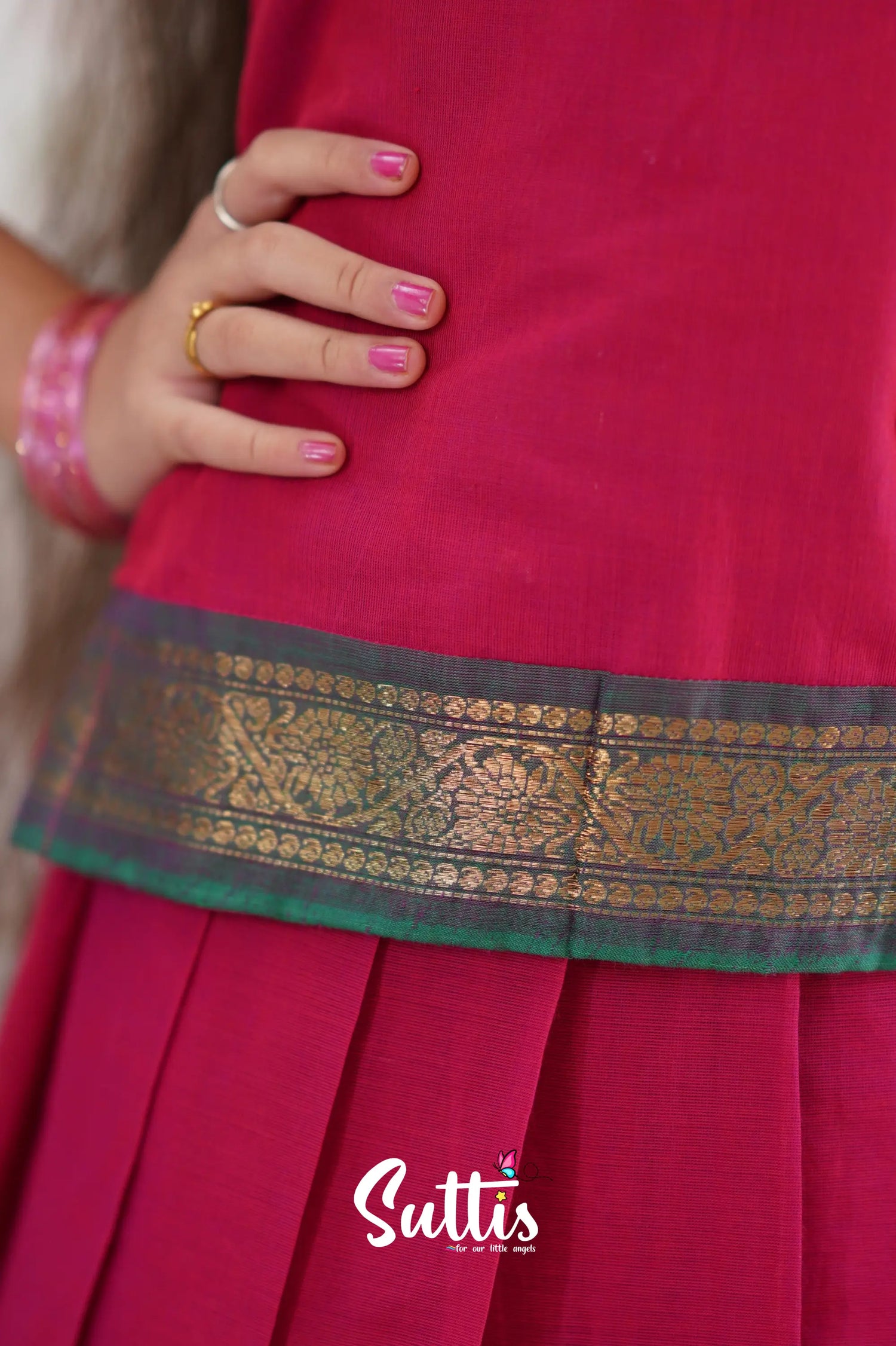 Cotton Pavadai Sattai - Pink &amp; Peacock Green Kids-Suttis