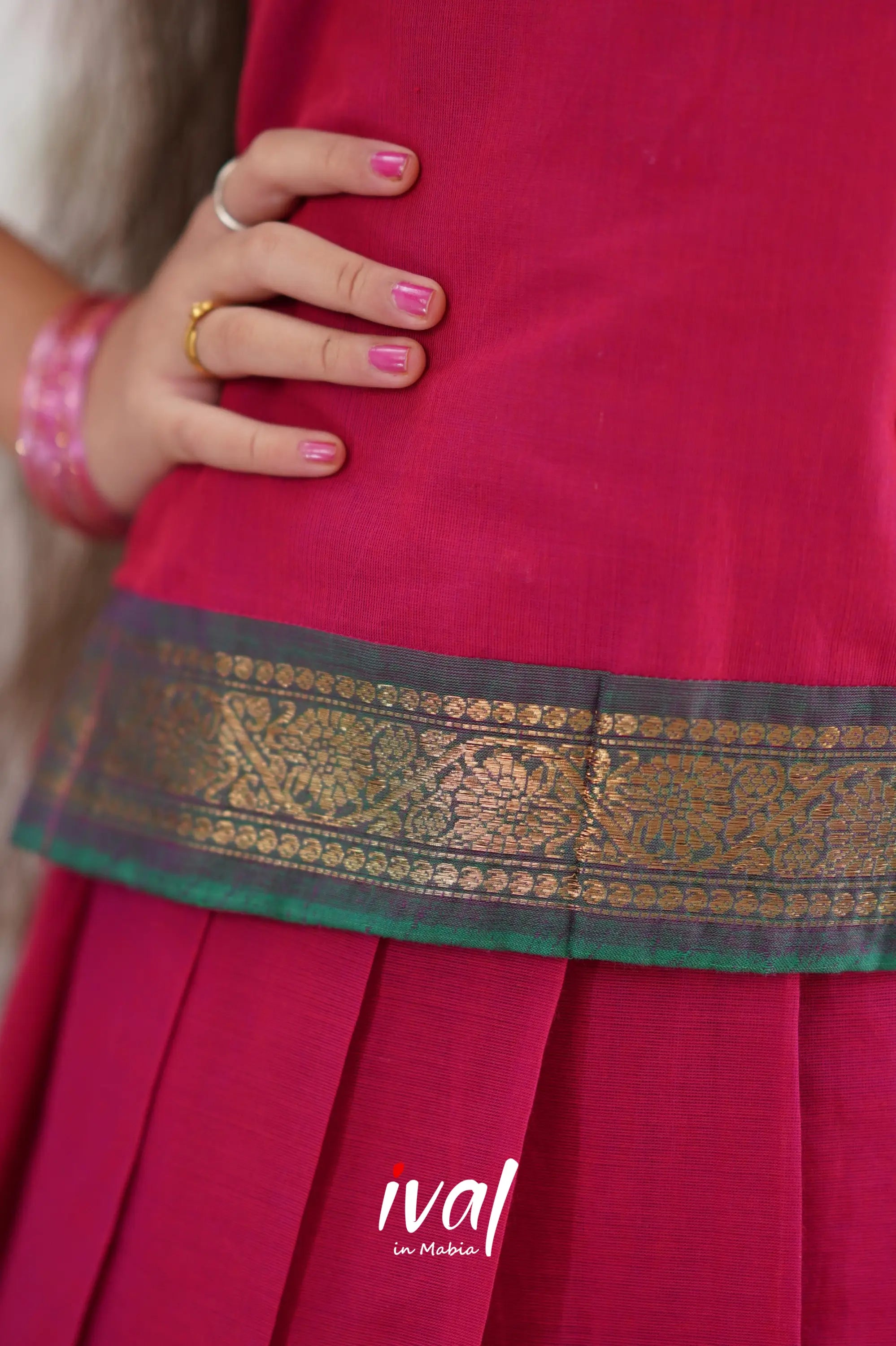 Cotton Pavadai Sattai - Pink &amp; Peacock Green Kids-Suttis