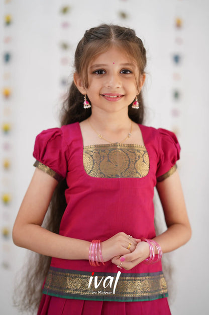 Cotton Pavadai Sattai - Pink &amp; Peacock Green Kids-Suttis