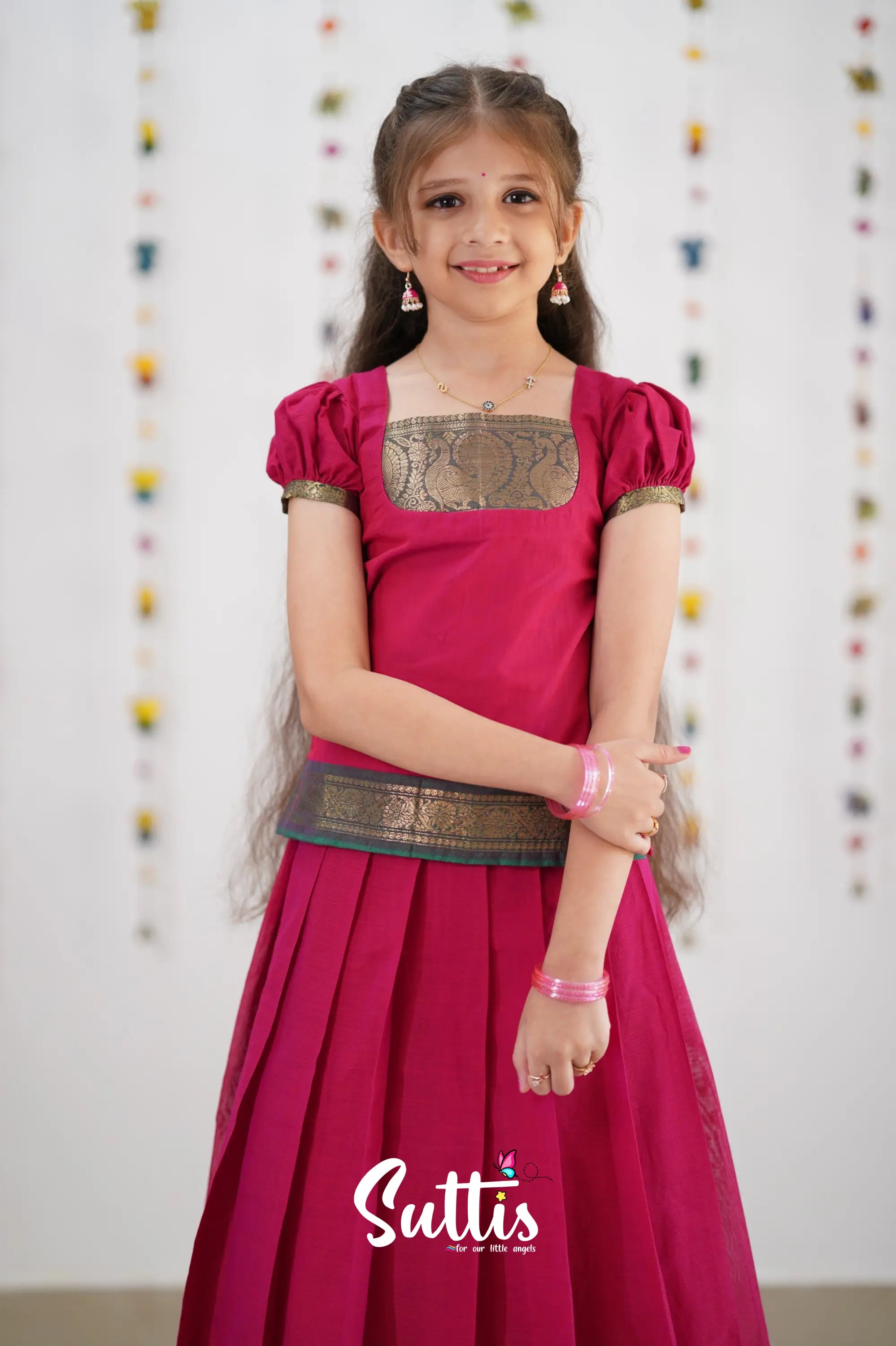 Cotton Pavadai Sattai - Pink &amp; Peacock Green Kids-Suttis