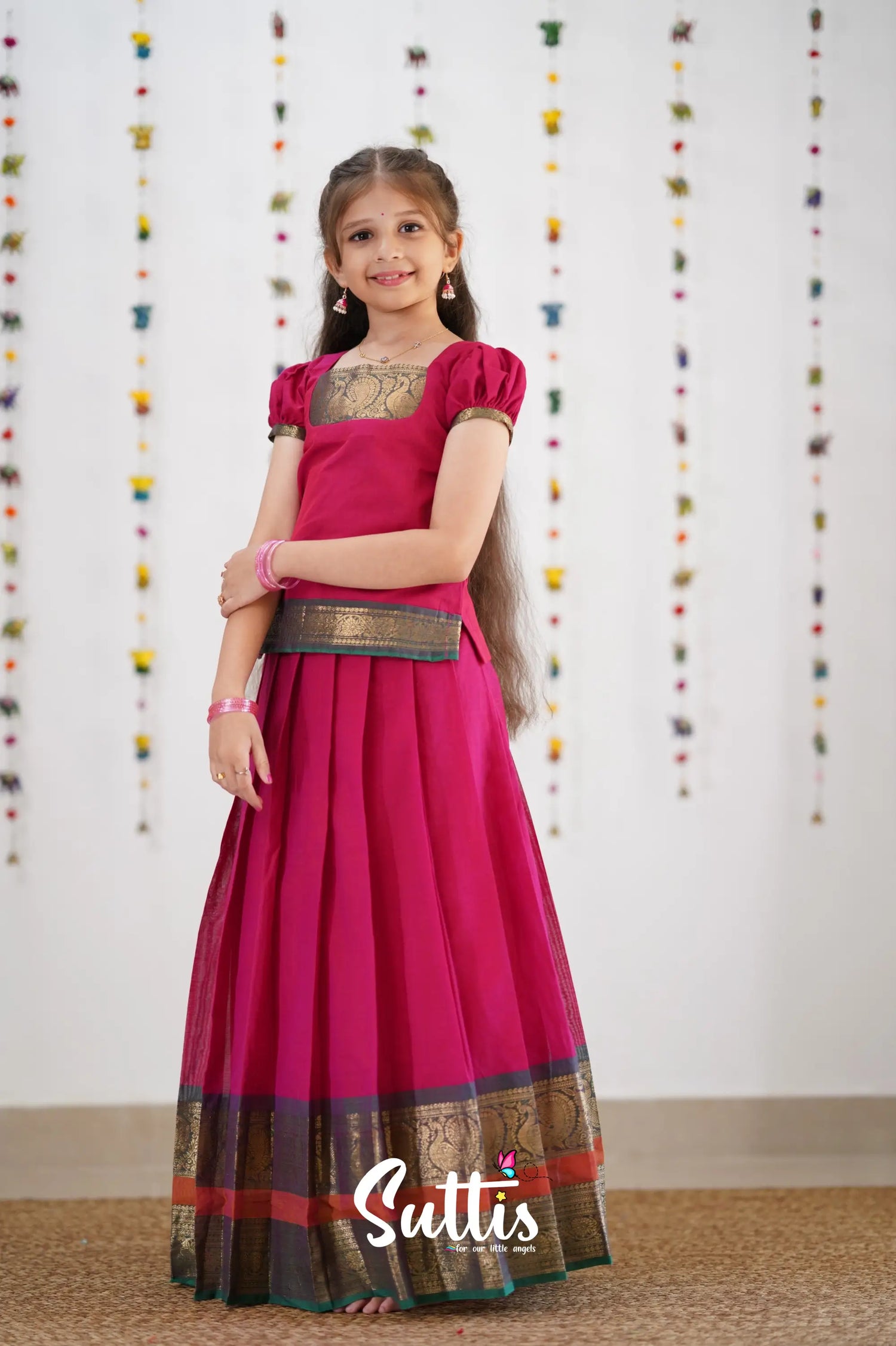 Cotton Pavadai Sattai - Pink &amp; Peacock Green Kids-Suttis