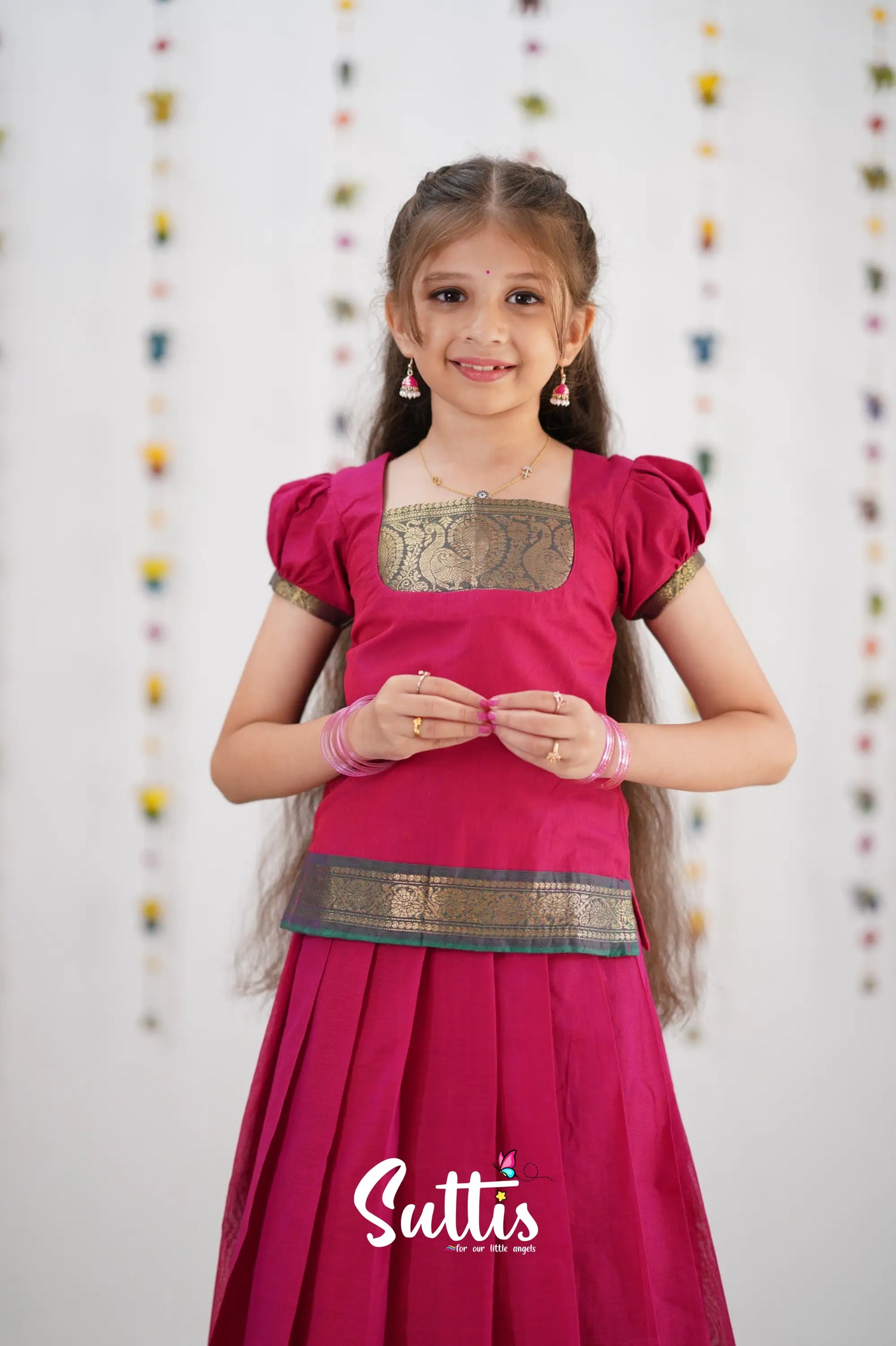 Cotton Pavadai Sattai - Pink &amp; Peacock Green Kids-Suttis