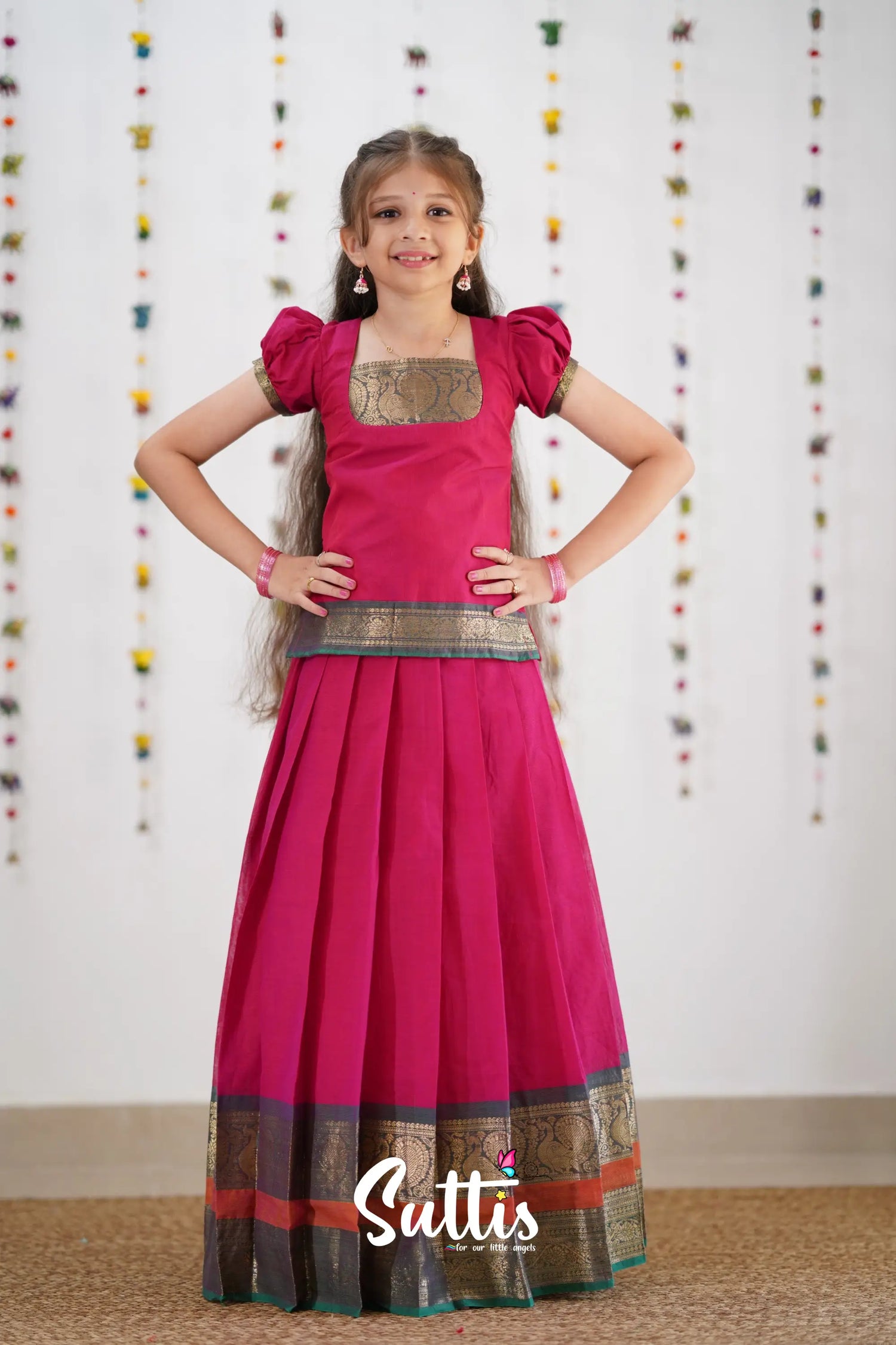 Cotton Pavadai Sattai - Pink &amp; Peacock Green Kids-Suttis