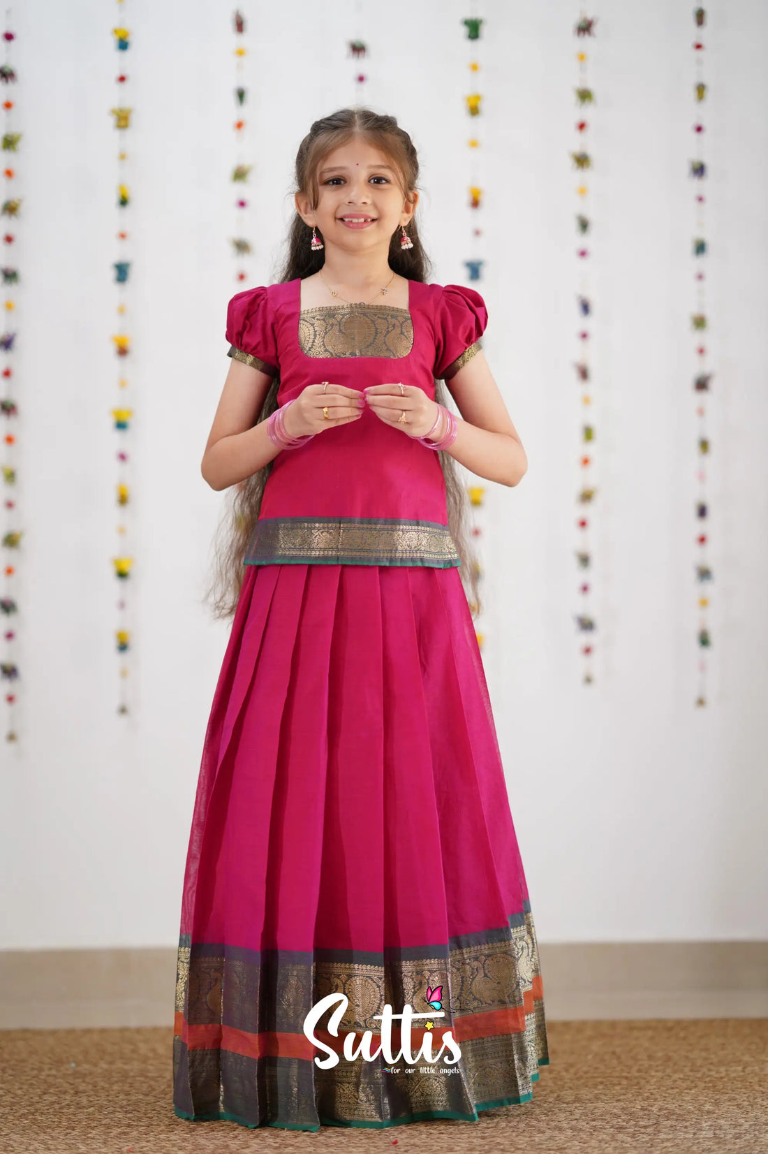 Cotton Pavadai Sattai - Pink &amp; Peacock Green Kids-Suttis