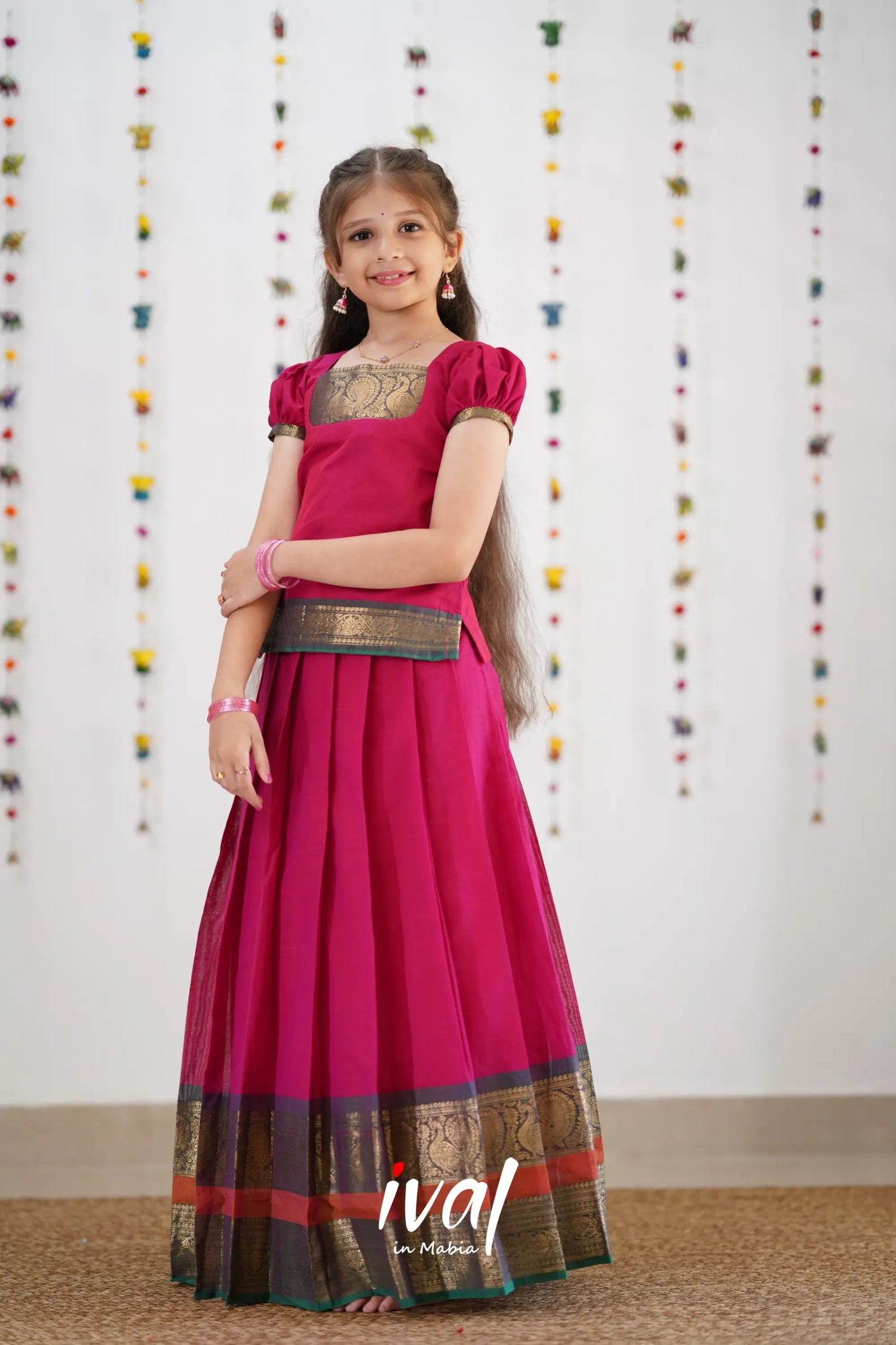 Cotton Pavadai Sattai - Pink &amp; Peacock Green Kids-Suttis