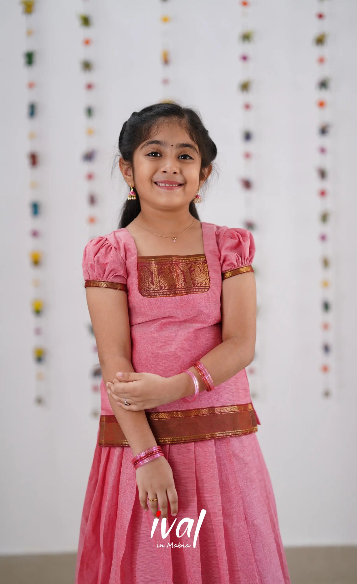 Cotton Pavadai Sattai - Pink &amp; Reddish Maroon Kids-Suttis