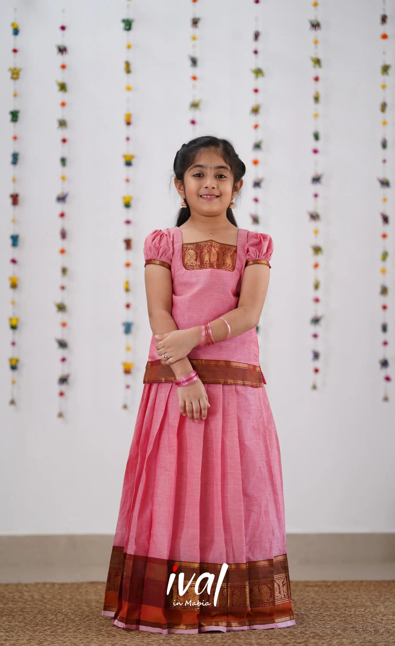 Cotton Pavadai Sattai - Pink &amp; Reddish Maroon Kids-Suttis