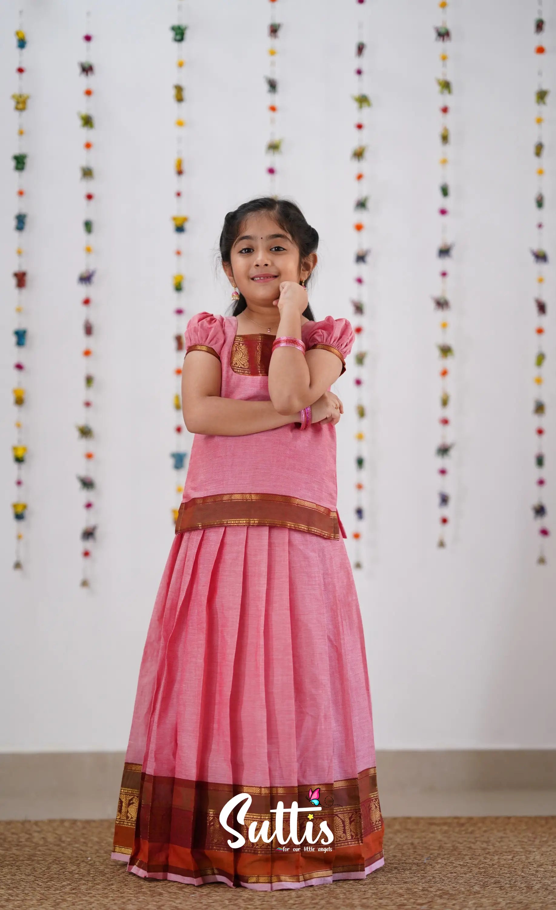 Cotton Pavadai Sattai - Pink &amp; Reddish Maroon Kids-Suttis