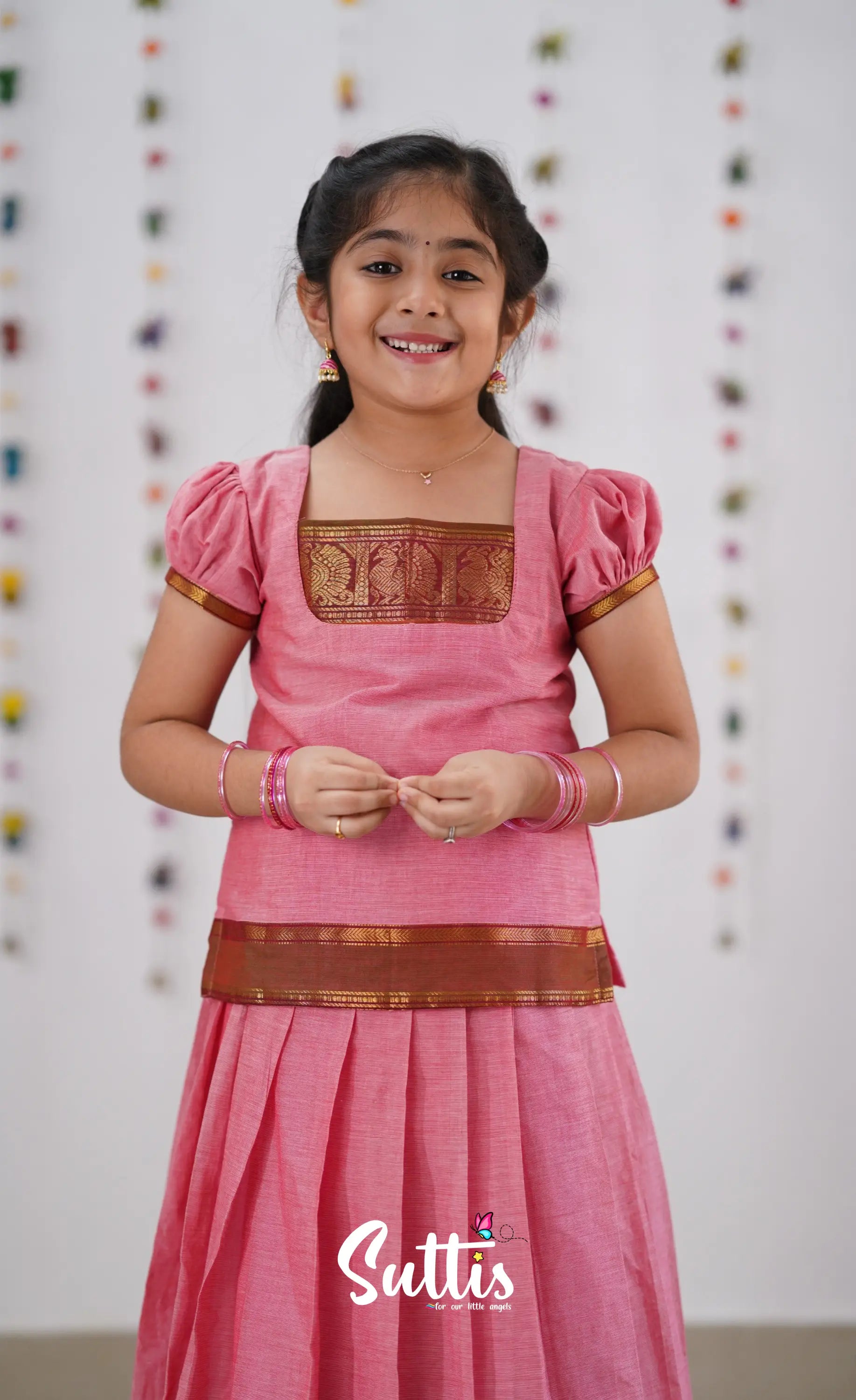 Cotton Pavadai Sattai - Pink &amp; Reddish Maroon Kids-Suttis