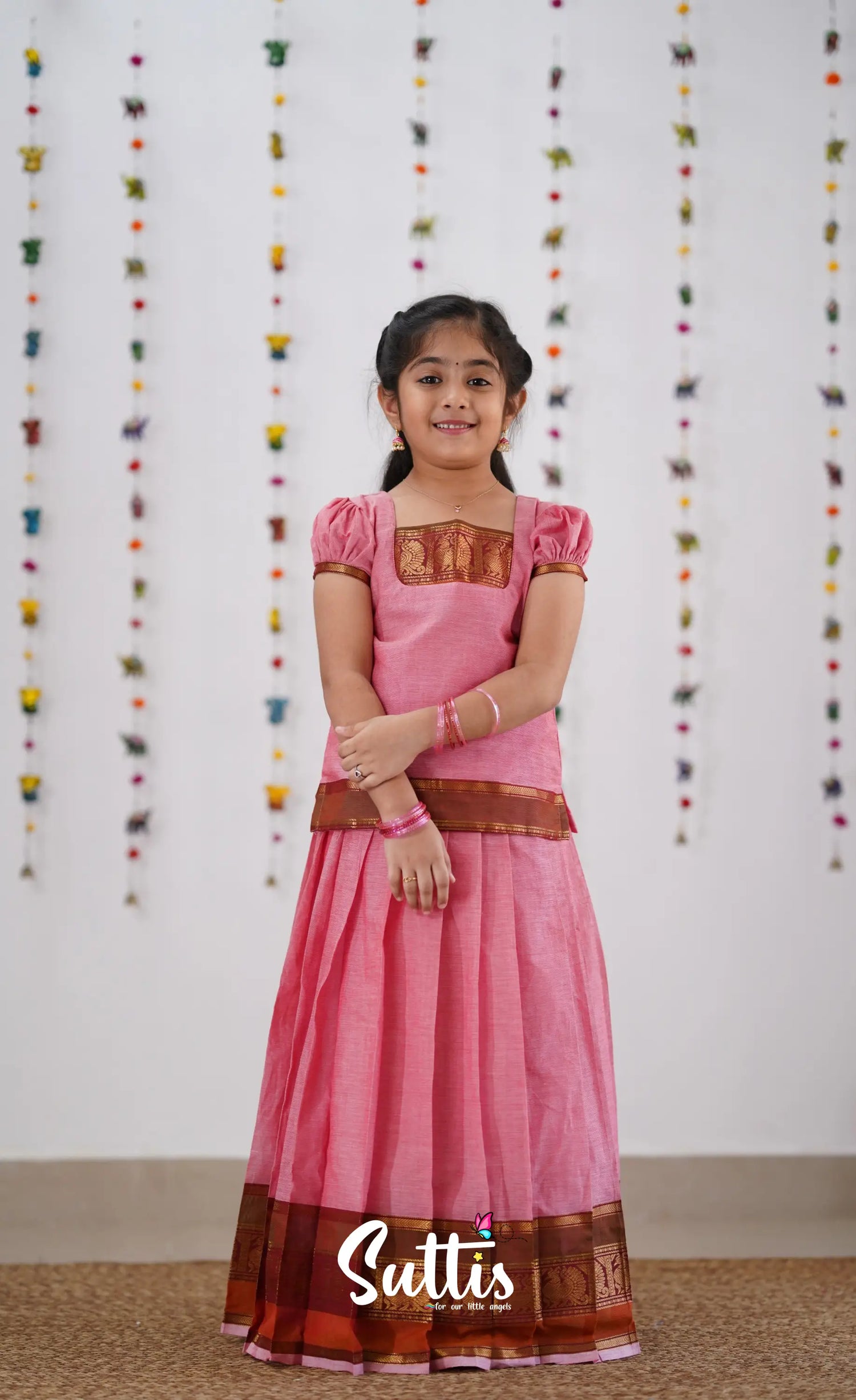 Cotton Pavadai Sattai - Pink &amp; Reddish Maroon Kids-Suttis